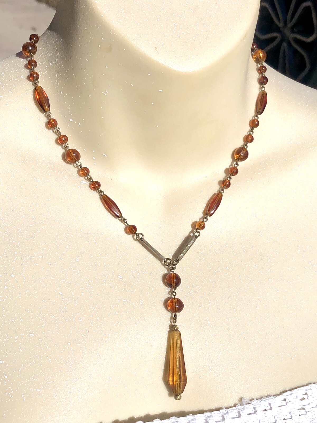 Vintage Art Deco Amber Glass Lariat Necklace With Teardrop Amber Drop
