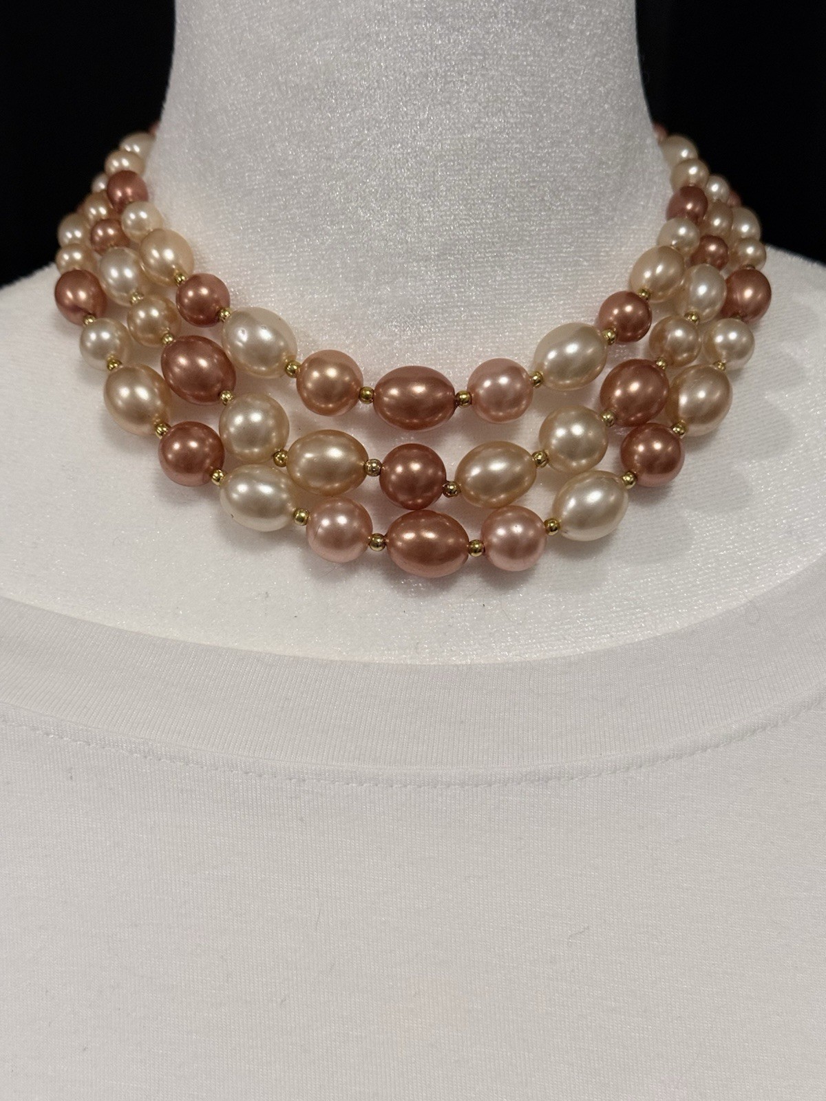 Vintage Triple Strand Made In Hong Kong Peach Cream Beaded Necklace