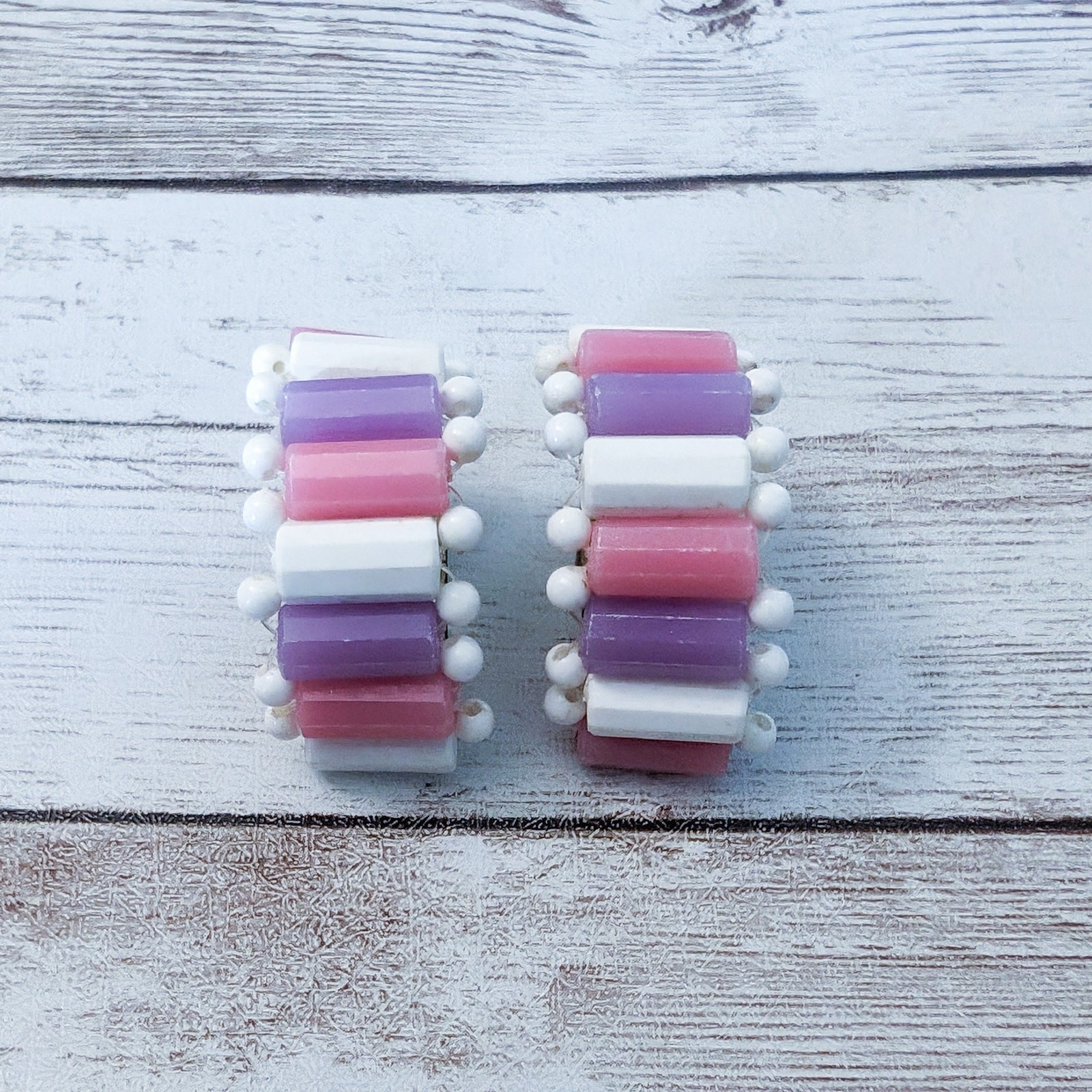 Vintage Clip On Earrings White, Purple, Pink Large Chunky Half Hoops