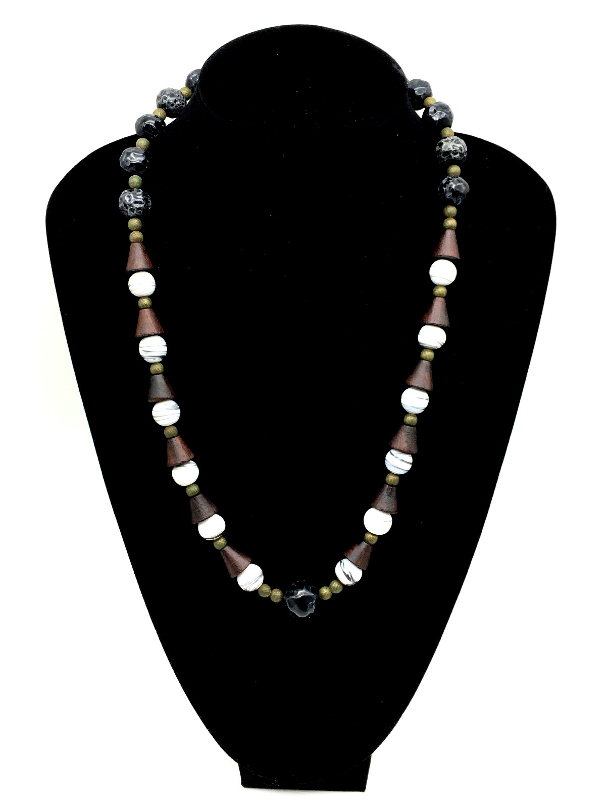 Miriam Haskell Signed Black Ceramic Cone Wood White Art Glass Beads 24″ Necklace