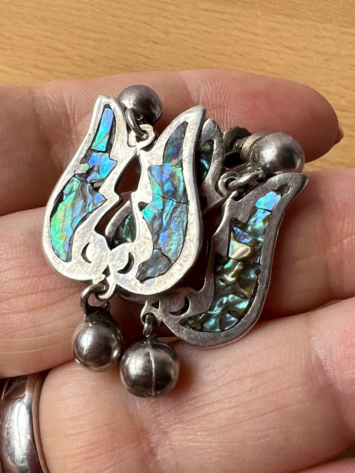 VINTAGE TAXCO MEXICO TULIP DESIGN ABALONE SCREW BACK EARRINGS 925 STERLING SLVER