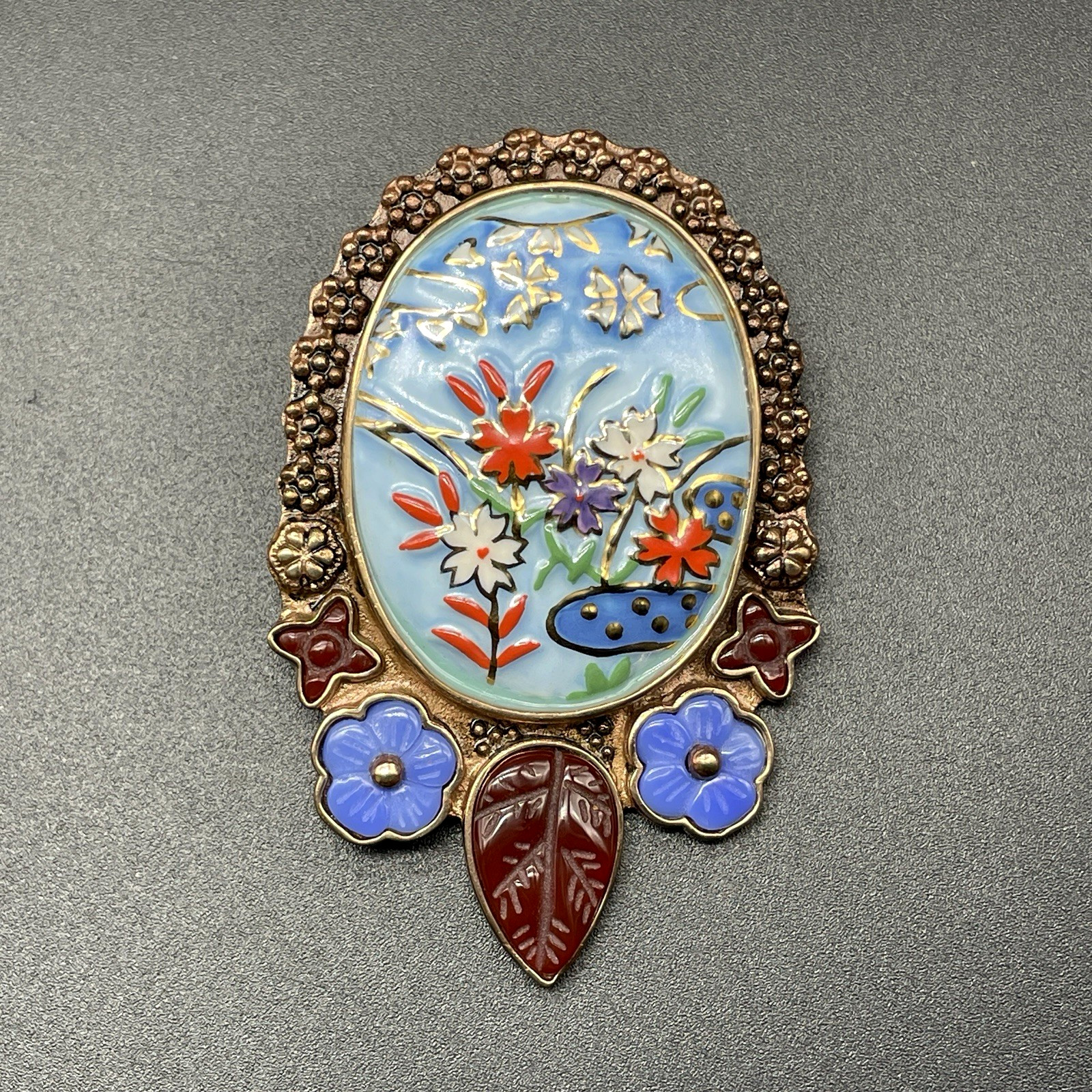 Amy Kahn Russell Bronze Enamel Multi-Gem Flower Lilypond Brooch Pendant AKR