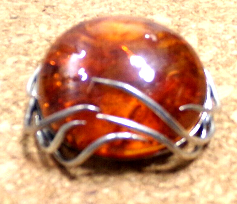 Amber Brooch 925 Silver Vintage 1.7×1.5″ JZ37