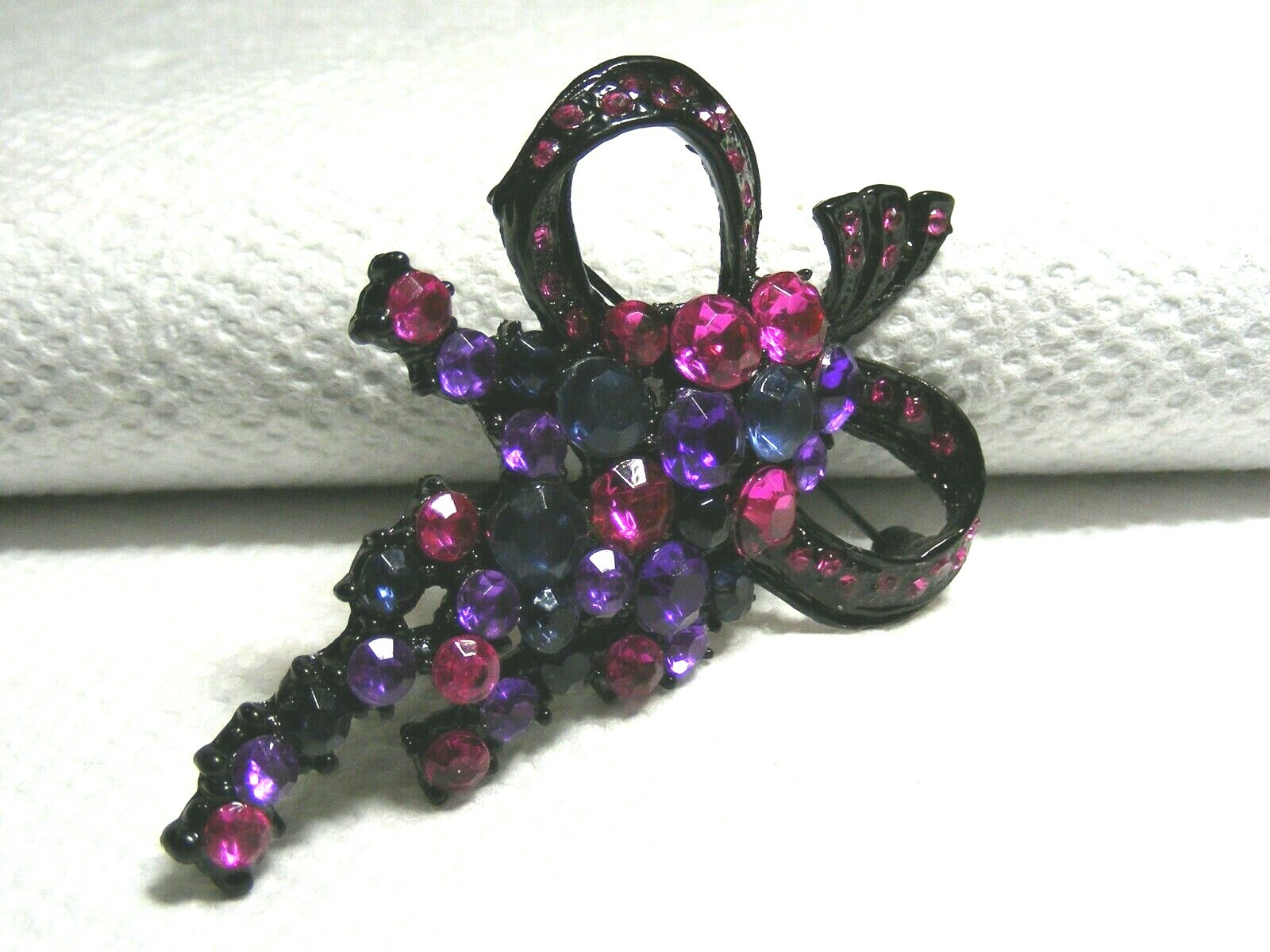 Vtg. Black Metal Pink, Purple And Blue Rhinestone Brooch