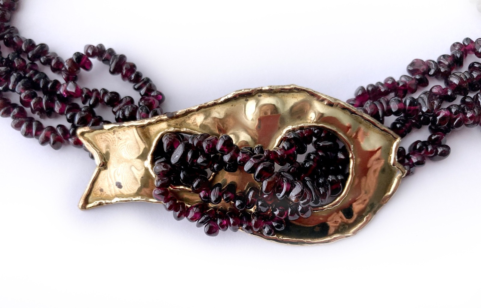 One-of-a-kind Natural Garnet Bead Necklace with Hammered Brass Fish Accent