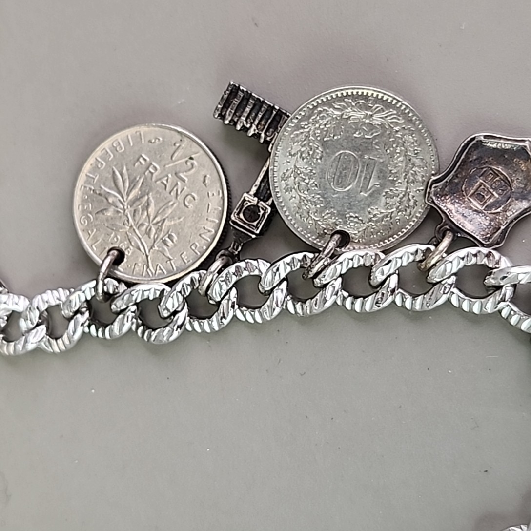 Vintage Coin Charm Bracelet Sterling Silver Plated Souvenir England France Franc