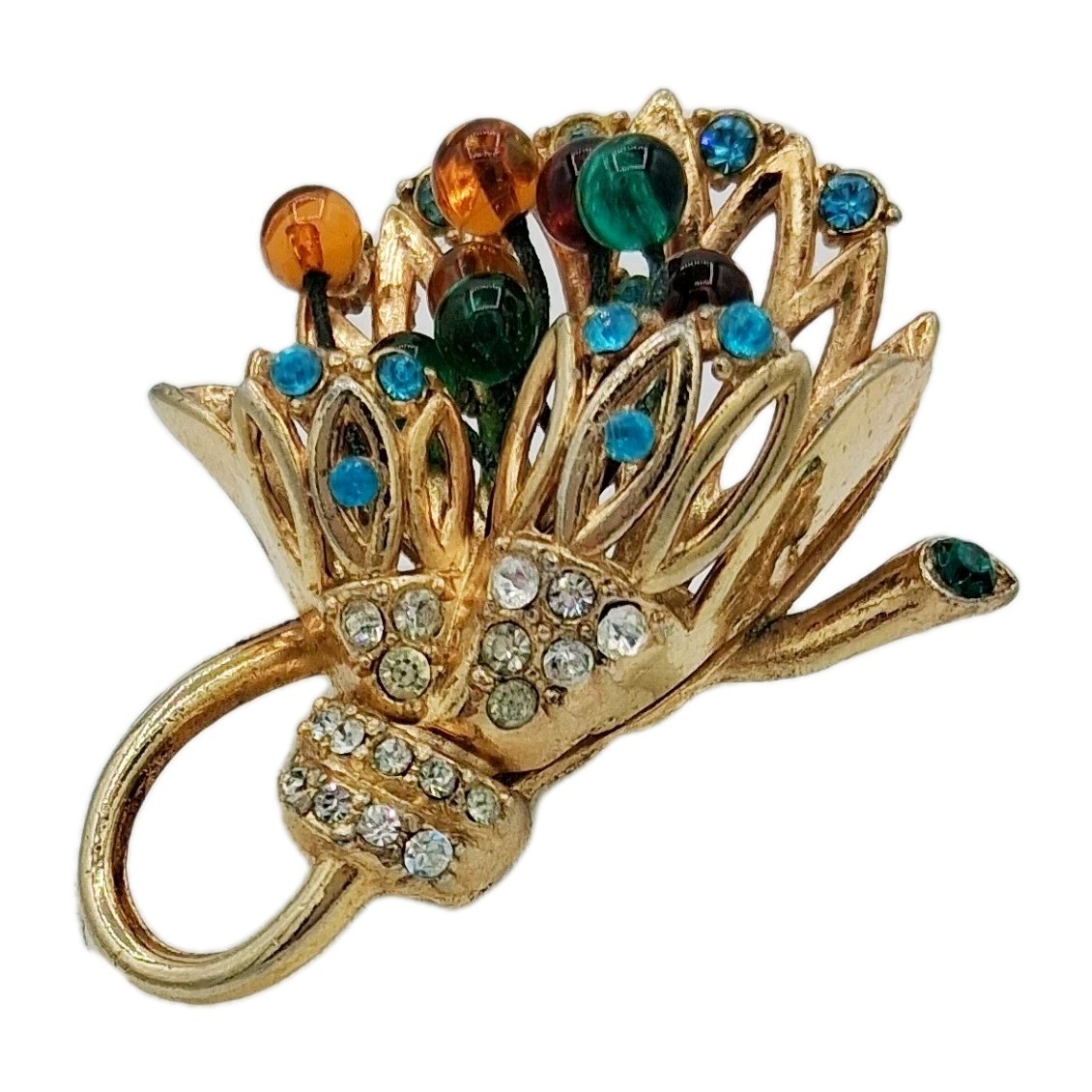 Vtg 1950s Rhinestone Lucite Bead Floral Bouquet Brooch Gold Tone Midcentury Glam