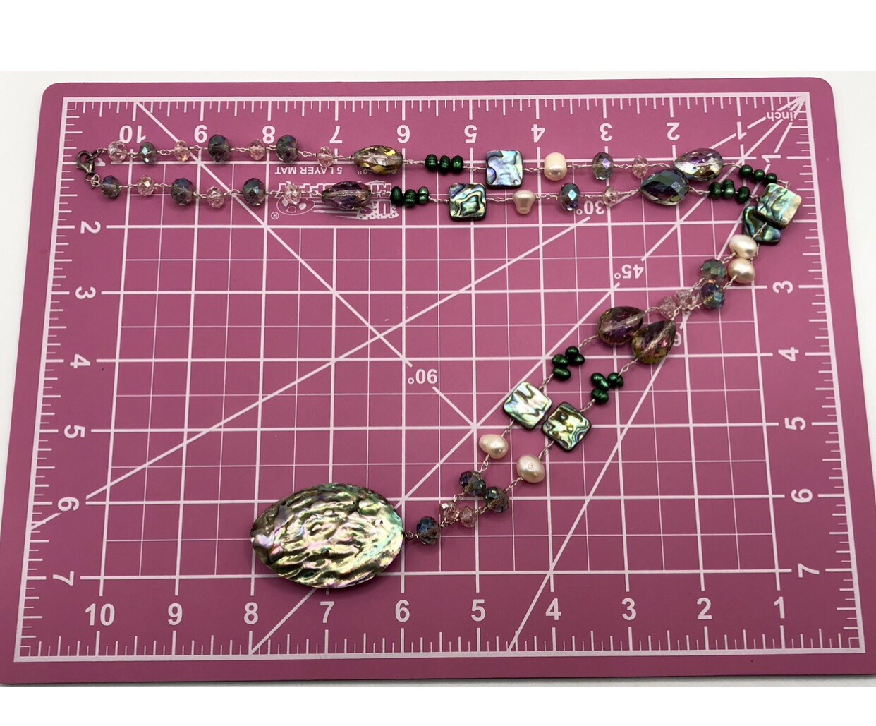 Vtg Blue Green Abalone Paua Shell & Crystal Beaded Pearl Pendant Necklace 925