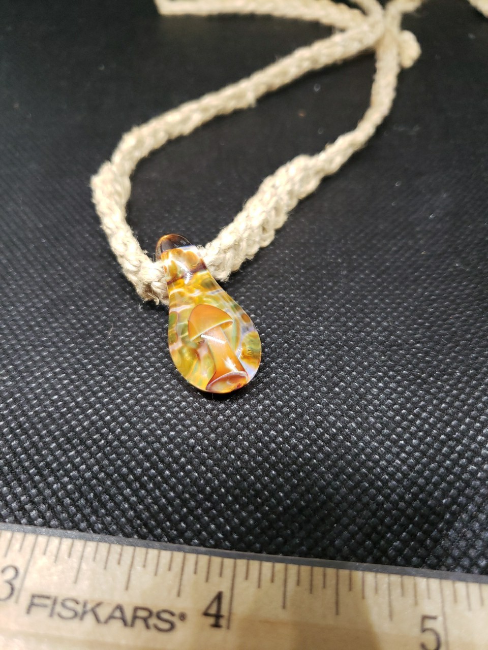 Vintage Blown Glass Hippie Mushroom Pendant Hemp Rope Necklace BOHO 15″Tie Back