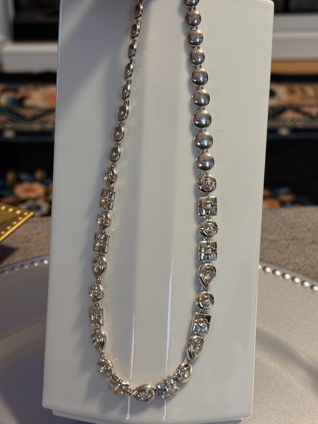 Vintage MONET Signed Two-Tone Silver/Gold Rhinestone Necklace 17″
