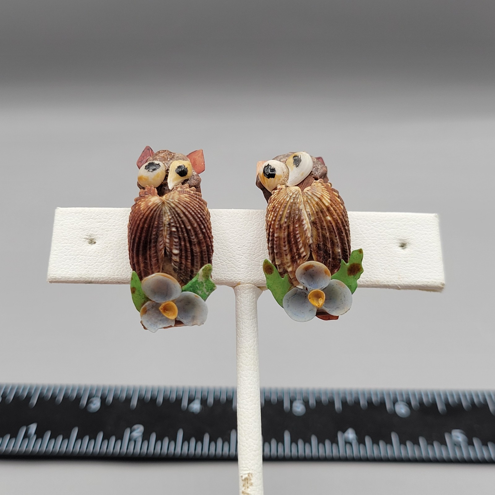 Vintage Owl Shell Clip On Earrings Hand Painted Figural 1960s Novelty