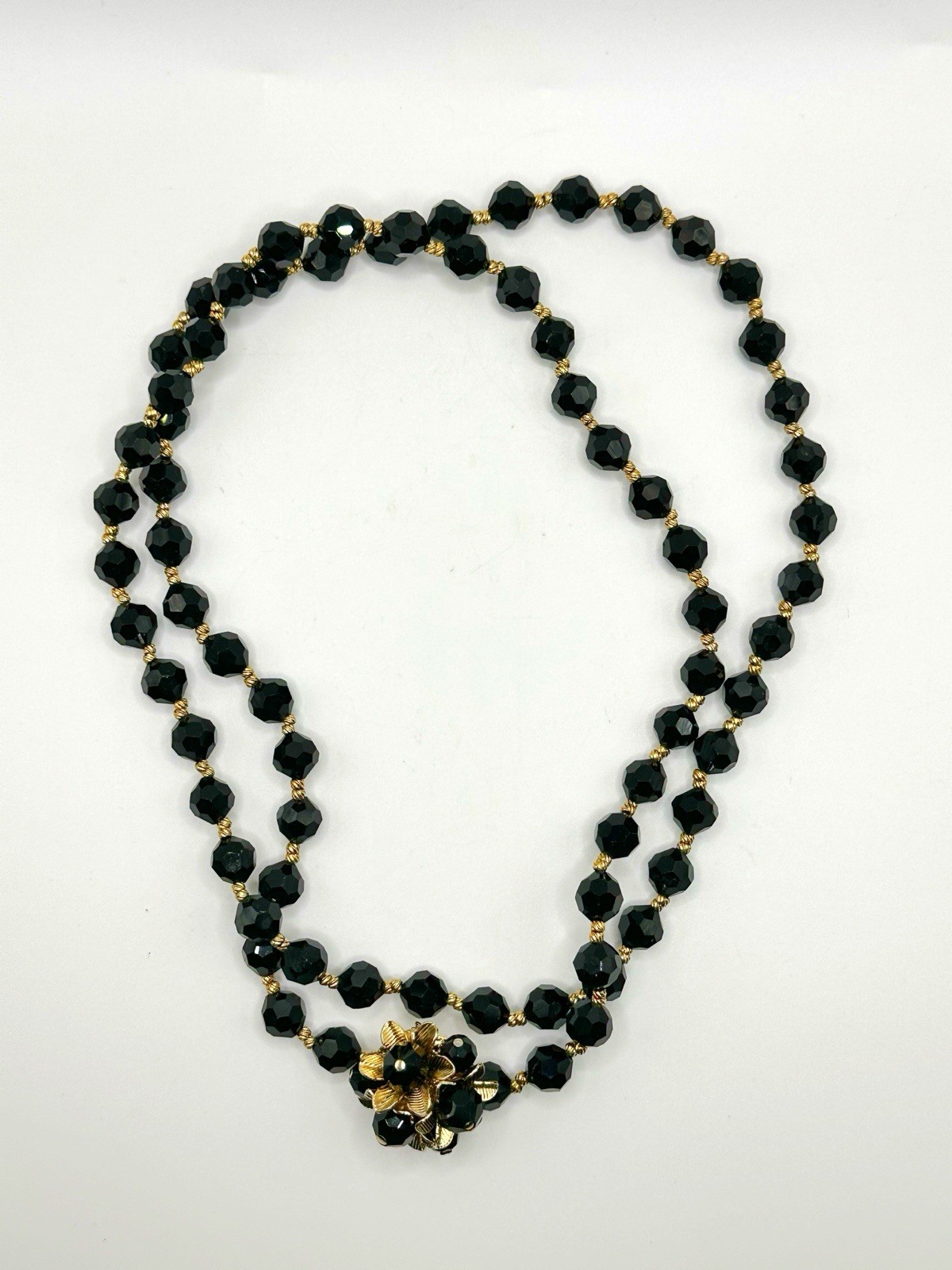 Vintage Black Glass Bead Convertible Necklace 31”