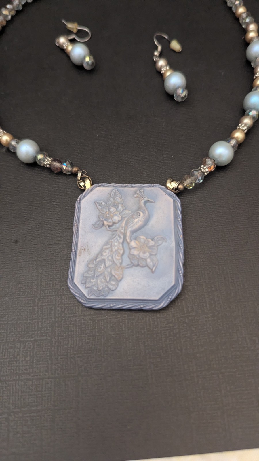 Vintage Light Blue Embossed Peacock Necklace – possibly Celluloid? With Earrings