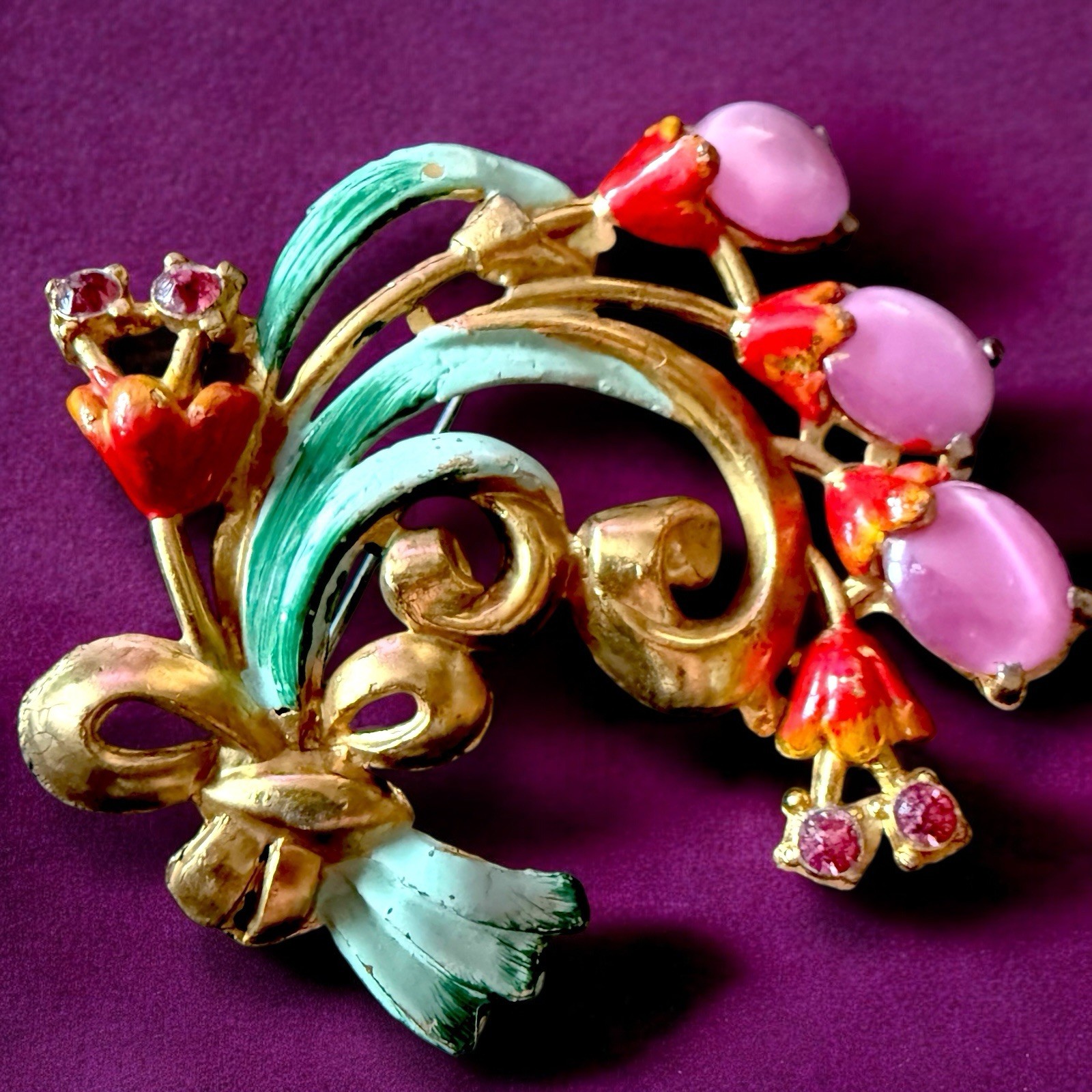 Pot Metal Flower Brooch 1940s Enamel Pink Cabochon Bouquet Vintage Large