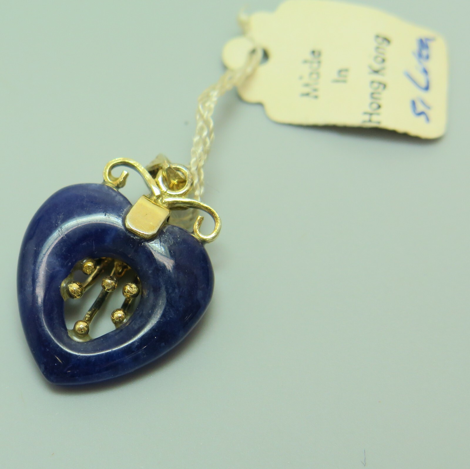 Vintage Blue Stone Open Heart Original Tag Gold Silver Hong Kong Pendant 1″ 2.9g