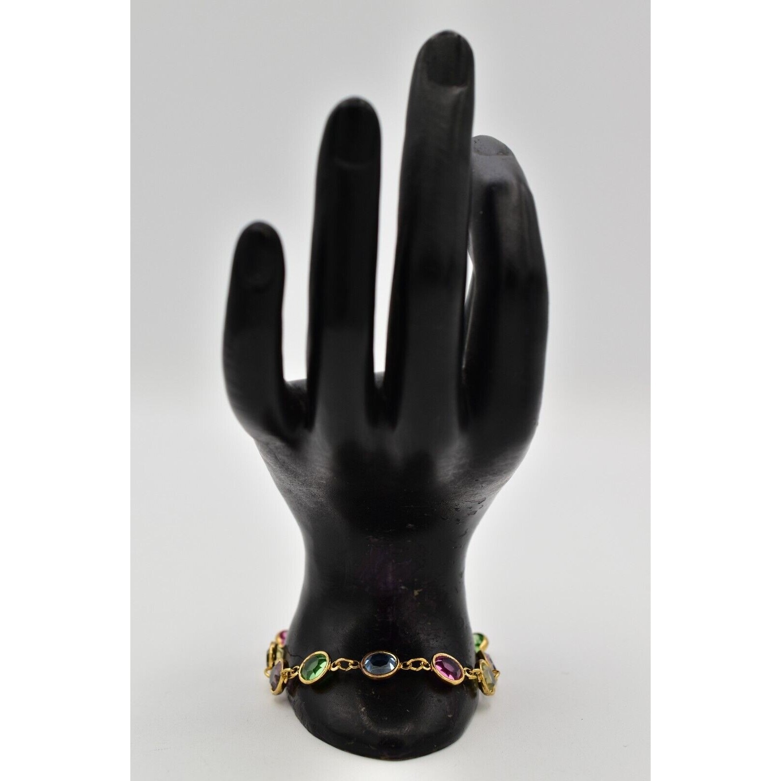 Austrian USA Vintage Crystal Chain Bracelet Open Bezel Gold Linked Signed BinAD
