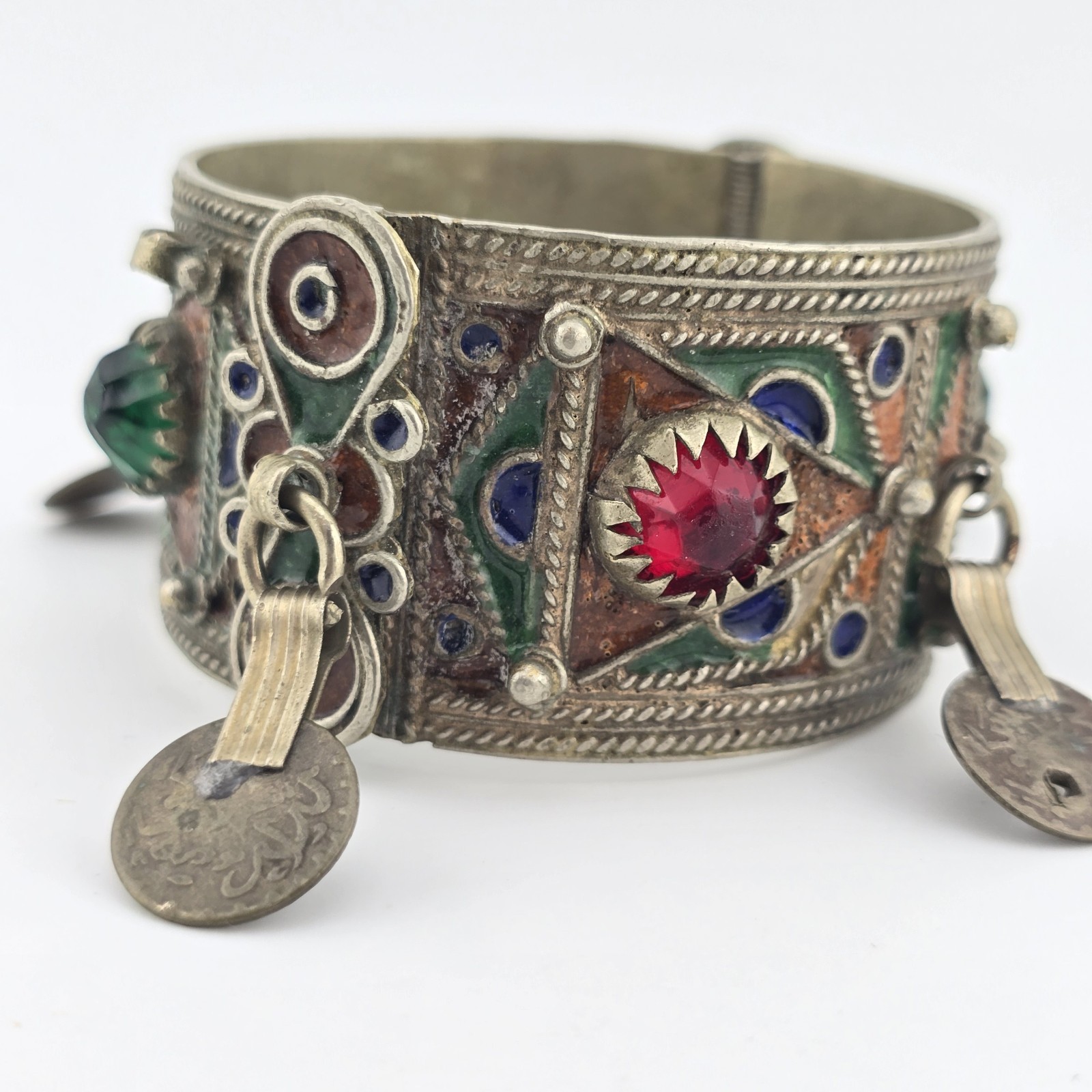Vintage Berber Moroccan Style Enamel Cuff Bracelet Ethnic Tribal Coin Bangle