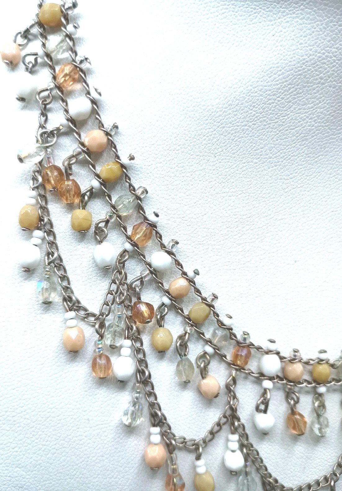 Art Deco Revival Necklace Festoon Gothic Fringe Bead Bib AB Fall Silver Tone 16″