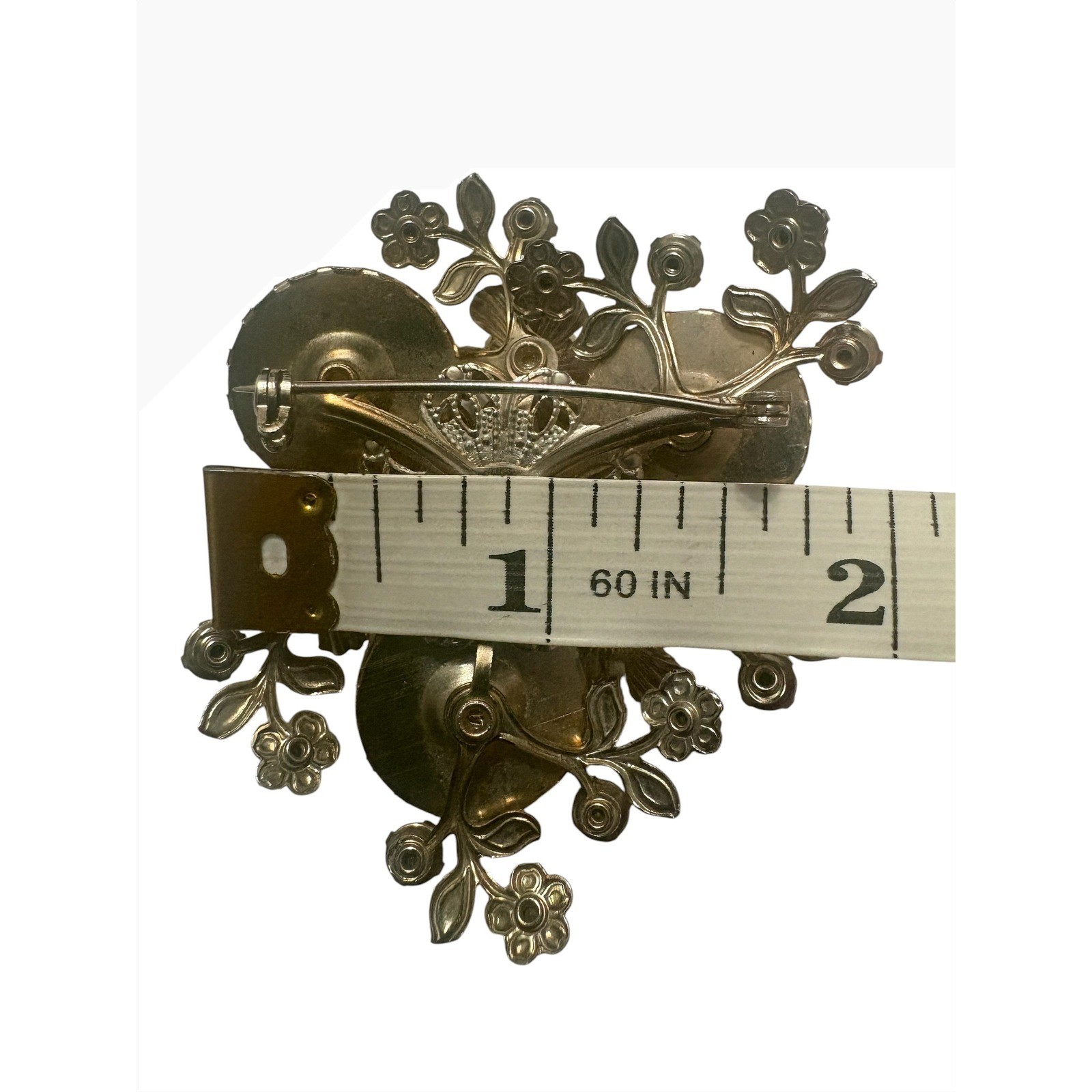 Vintage Aurora Borealis Rhinestone Faux Pearl Carved Flower Floral Brooch Pin