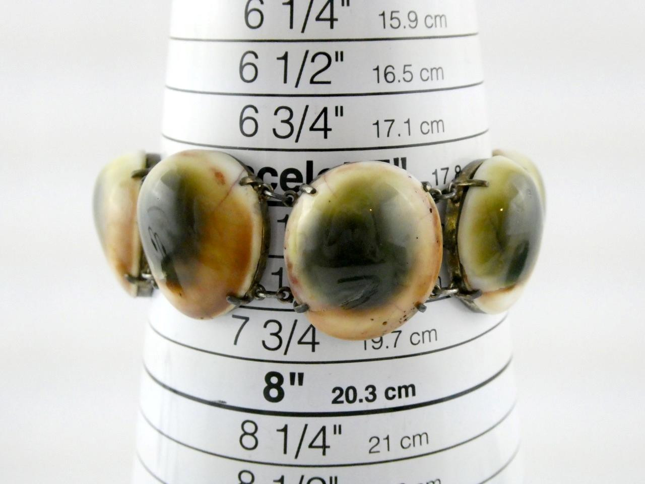 Vintage Operculum Snail Shell Panel Bracelet Unmarked Silver Toned Metal 7.25 In