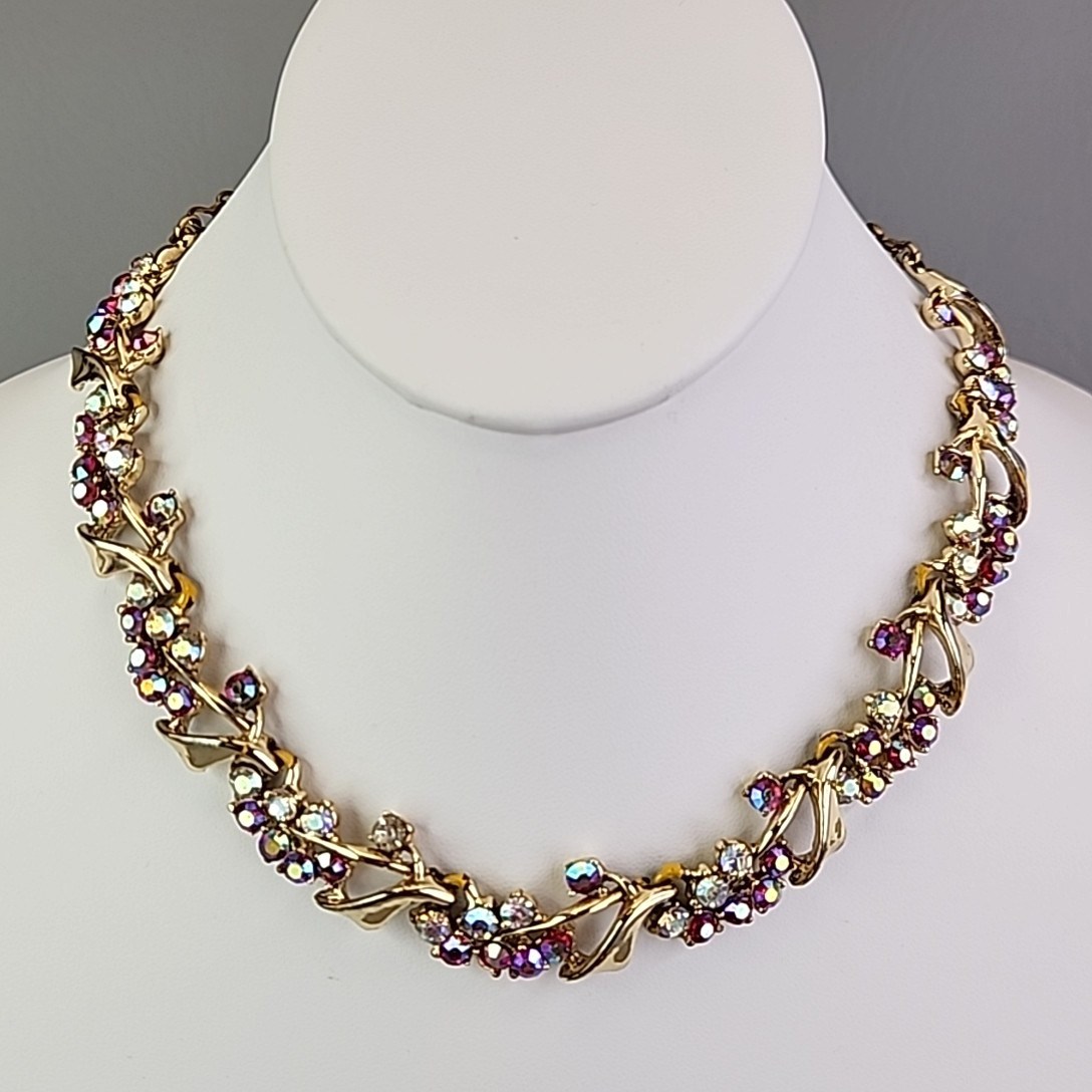 Vintage BSK Rhinestone Necklace AB Red Gold Tone Choker 16″