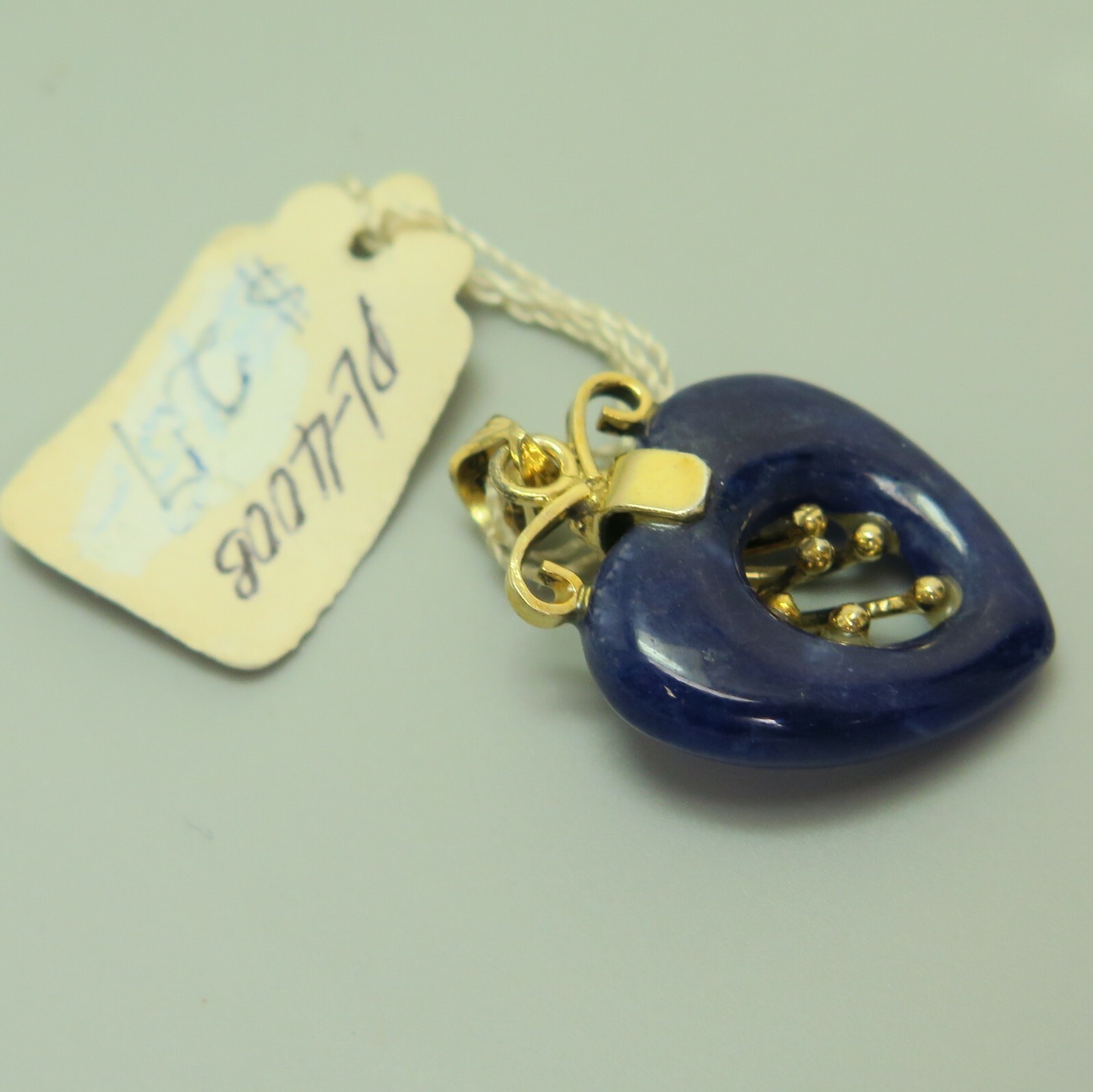 Vintage Blue Stone Open Heart Original Tag Gold Silver Hong Kong Pendant 1″ 2.9g