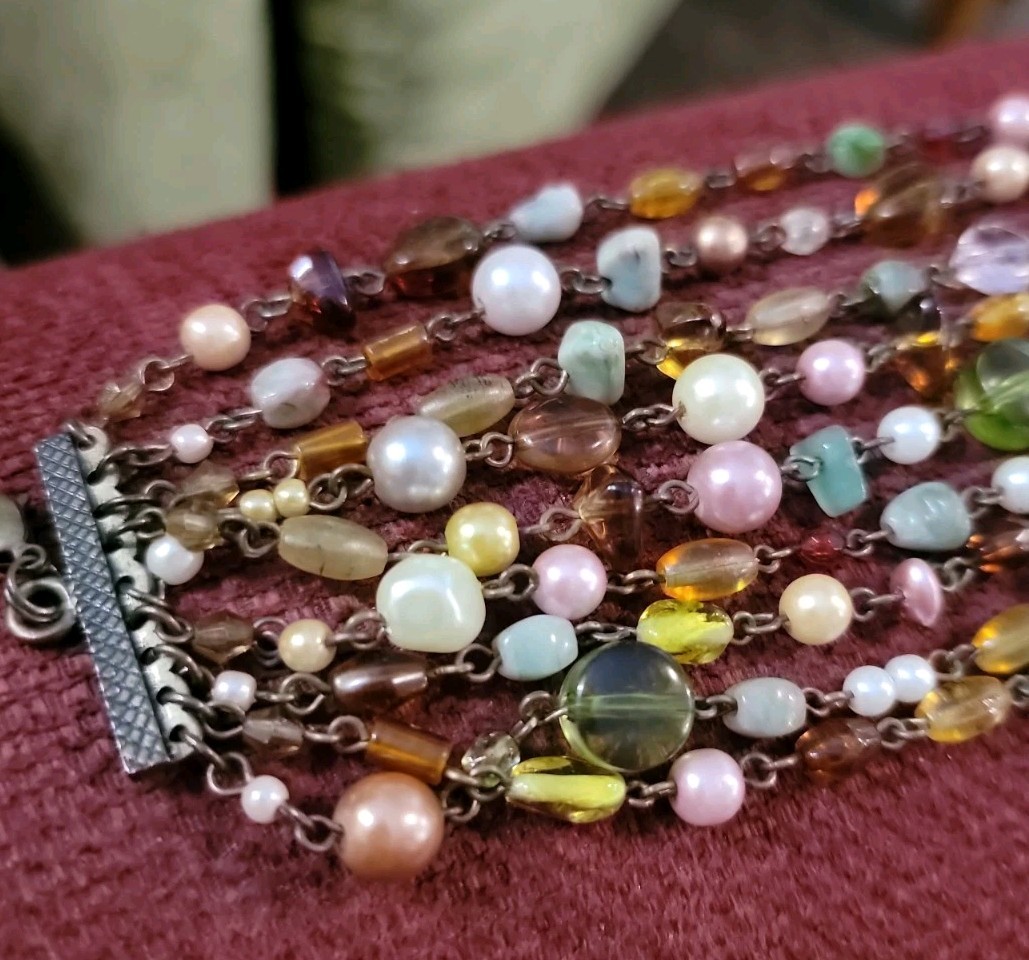 9 Strand Faux Pearl & Bead Wrap, Non-Stretch Bracelet Multi Stone Multi Color