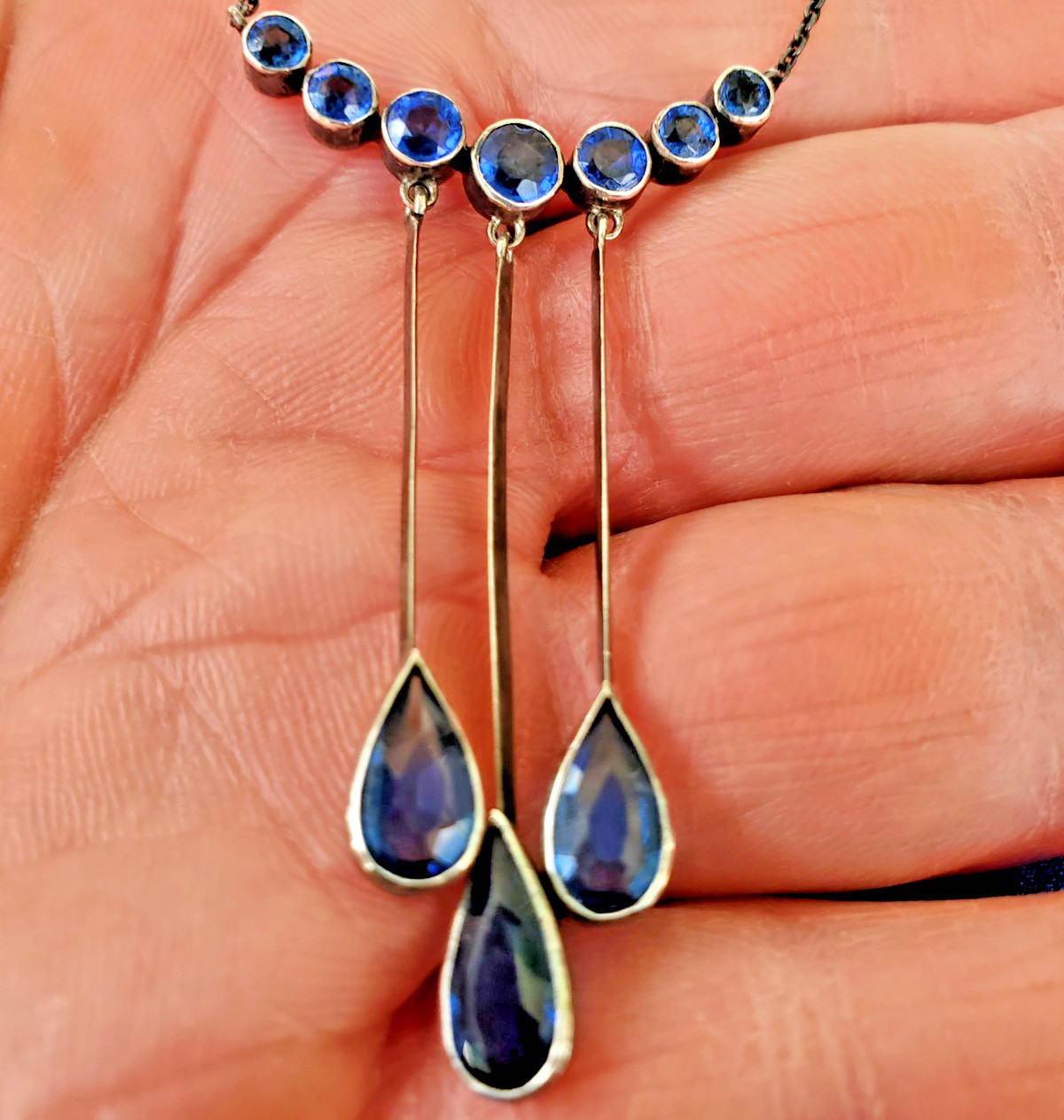 Original STERLING SILVER 925 Deco Modernist Rare Necklace Vintage Sapphire Paste