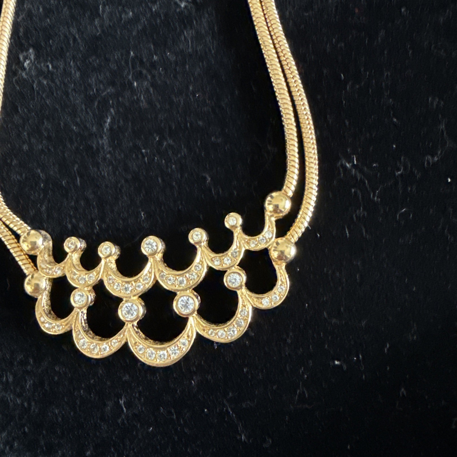 VINTAGE CHRISTIAN DIOR DOUBLE CHAIN CRYSTAL NECKLACE ADJ 16-18”