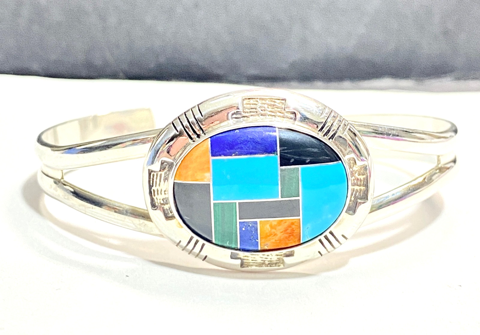 Vintage Sterling Multi-gem Inlay Carolyn Pollack Cuff Bracelet 2 1/2″ 2.5″
