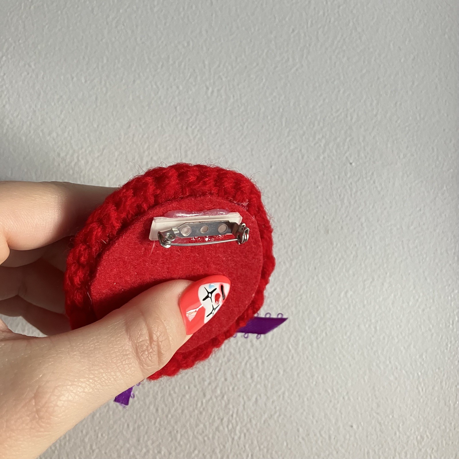 Handmade Crochet Hat Brooch Vintage 90s Y2K Pin Red With Purple Ribbon Bow