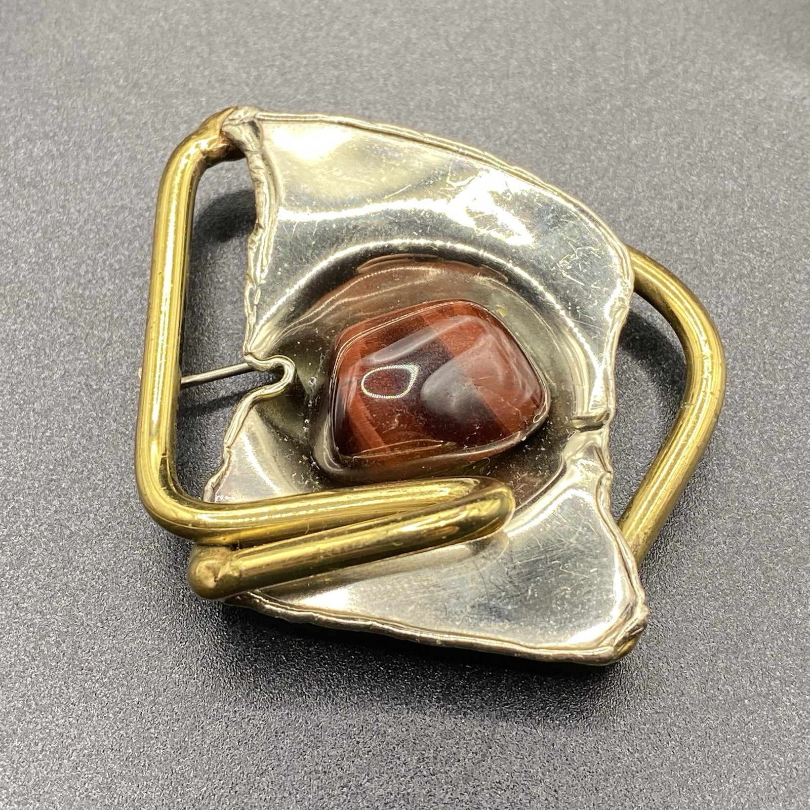 Vintage Brutalist Agate Brooch Abstract Two Toned