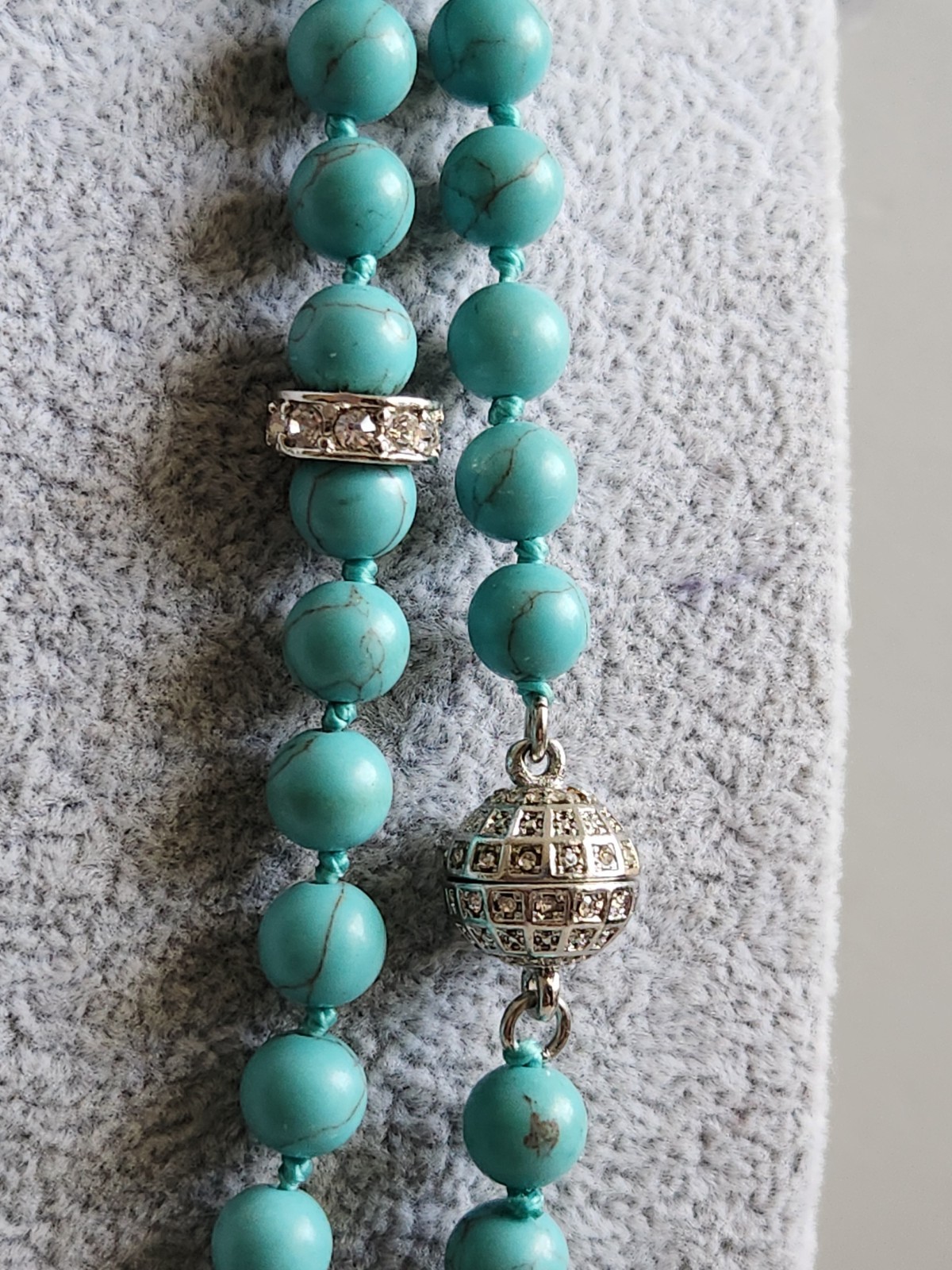 Vintage Genuine Turquoise Pave Rhines Hand Knot Necklace 50″ Mag Adjust 16 + 34