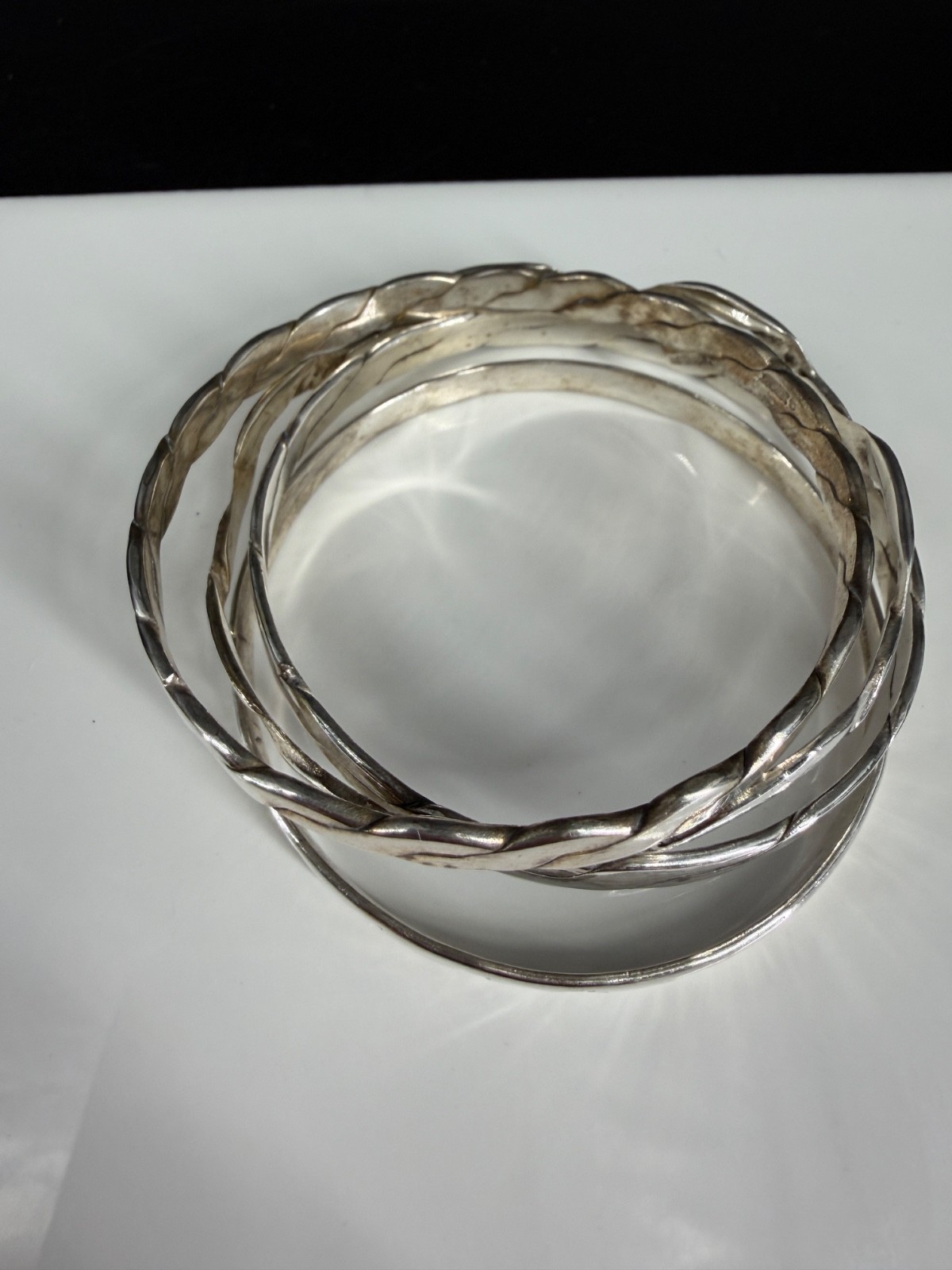 Vtg Sterling Silver Bangle Stack 4 Twist Etched Star Boho Bracelets Mexico 59g