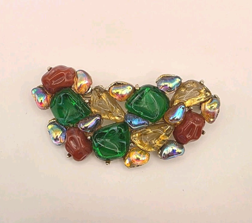 Vintage Hi End Multicolor Poured Marbled Glass Prong Set Silvertone Brooch