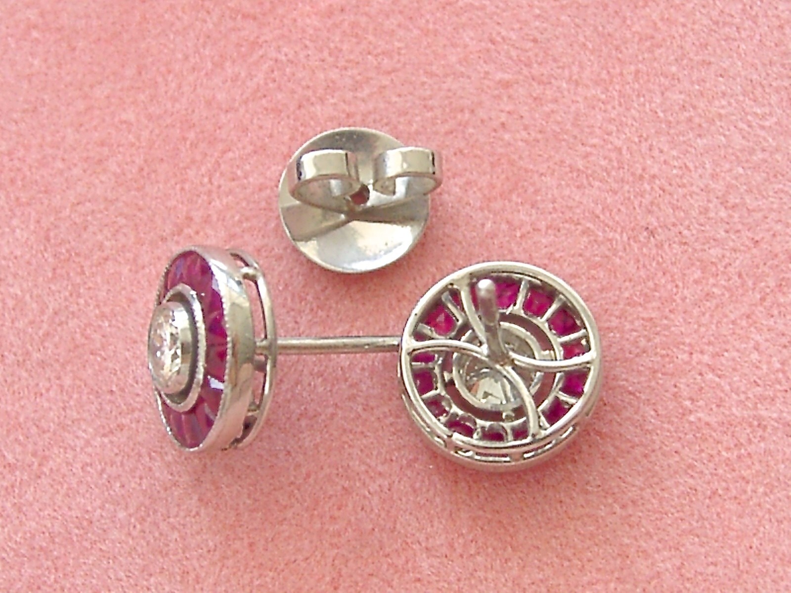 ART DECO STYLE .46ctw DIAMOND w/ RUBY HALO PLATINUM 9.5mm EVERYDAY STUD EARRINGS