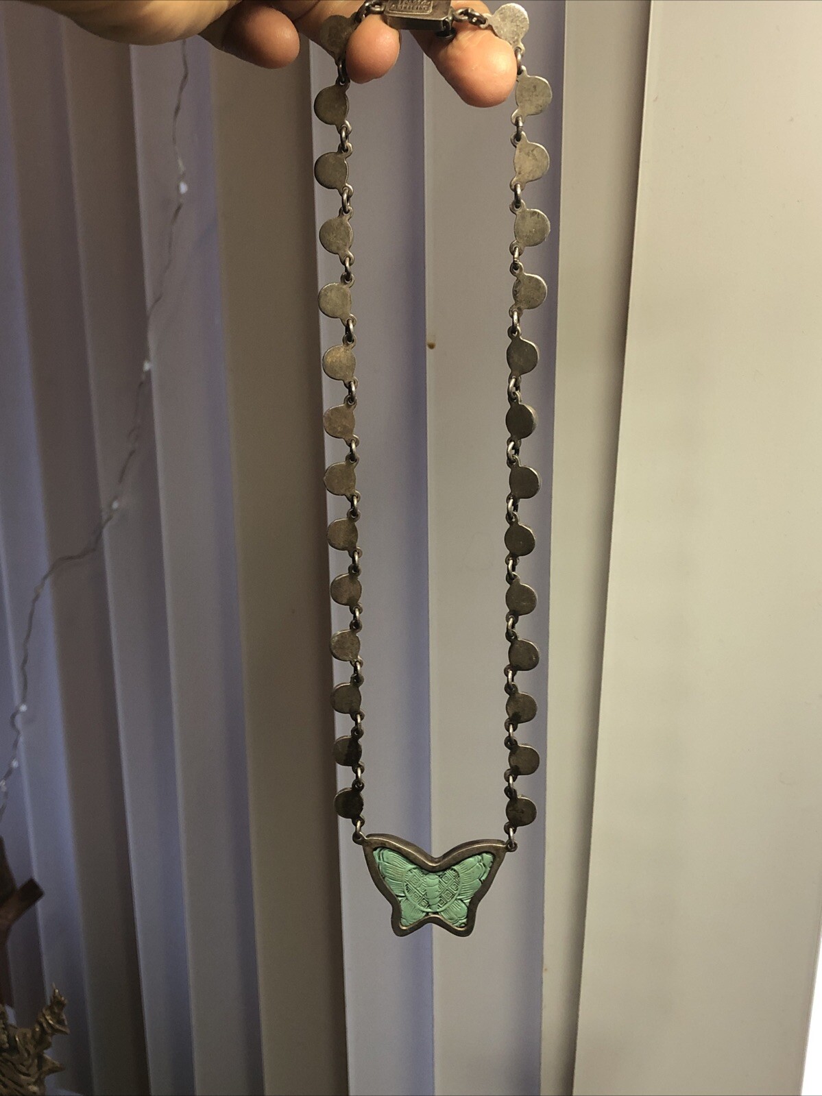 30. Signed 925 Sterling Pastel Green BUTTERFLY Half Ball Link Necklace 44g, 18″