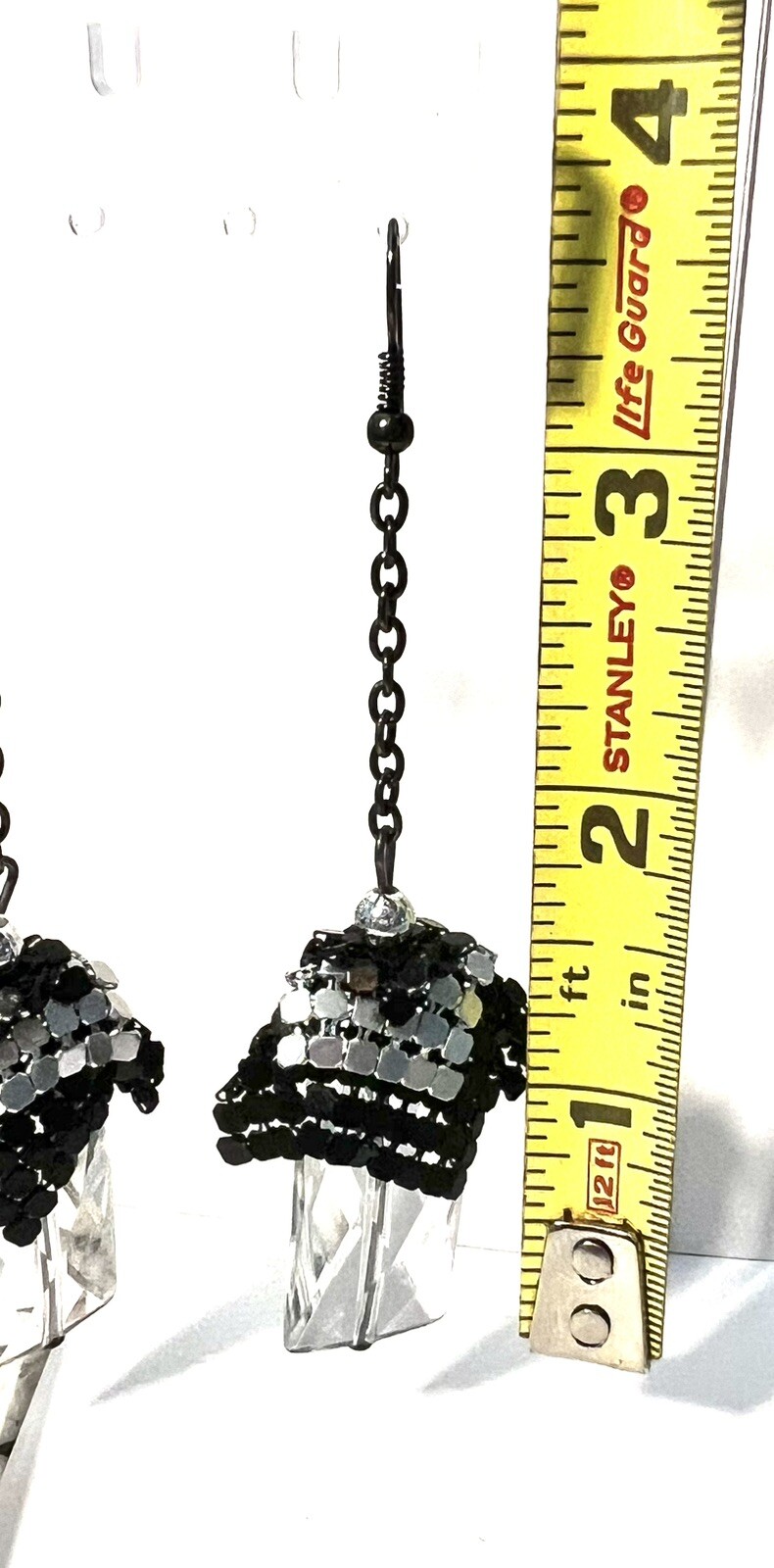Vintage Retro Dangle Black And Silver Tone Metal Chain And Crystal Hook Earrings
