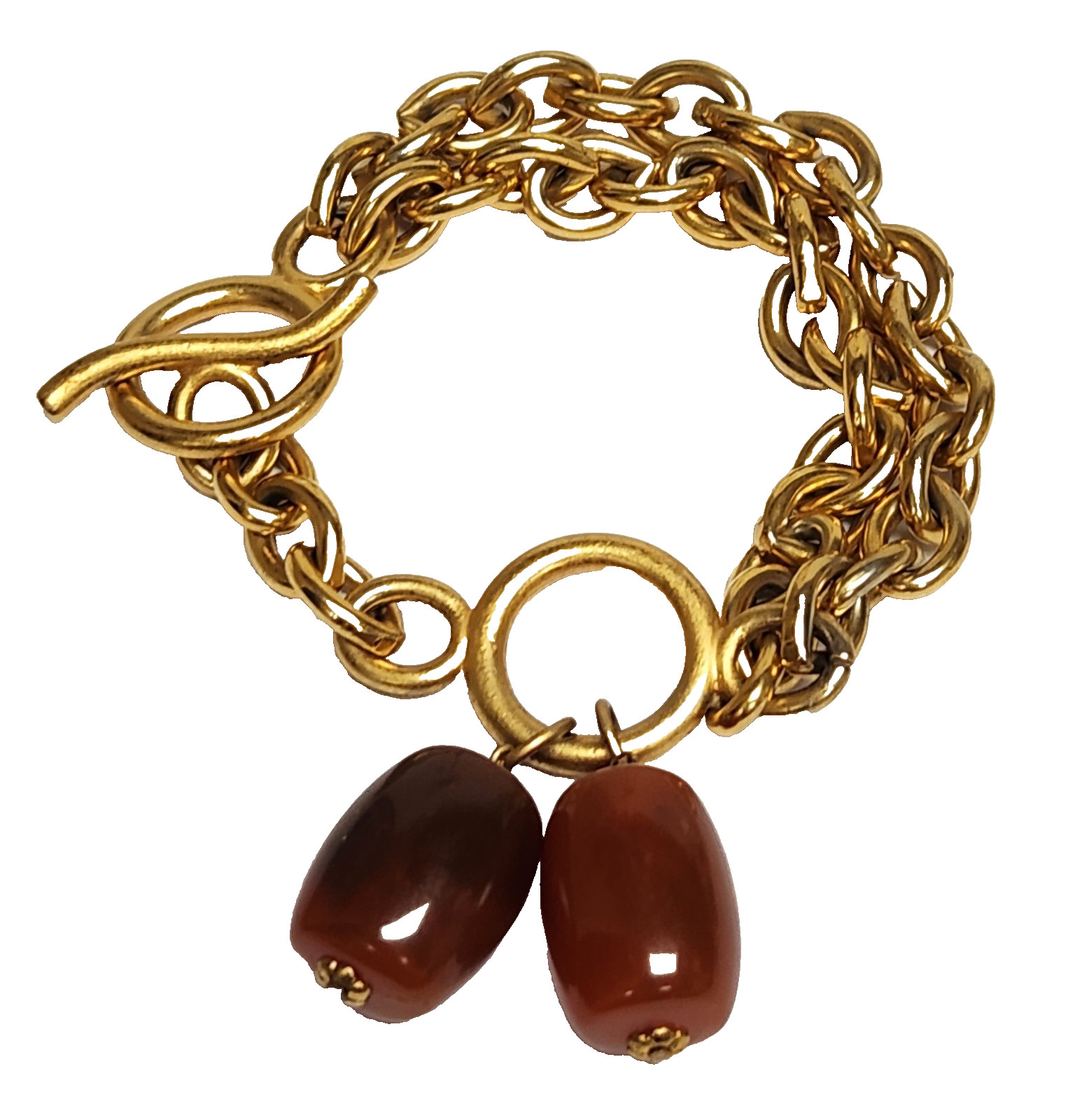 Vintage 80’s Brushed Gold Tone Double Rolo Link Toggle Bracelet Barrell Dangles