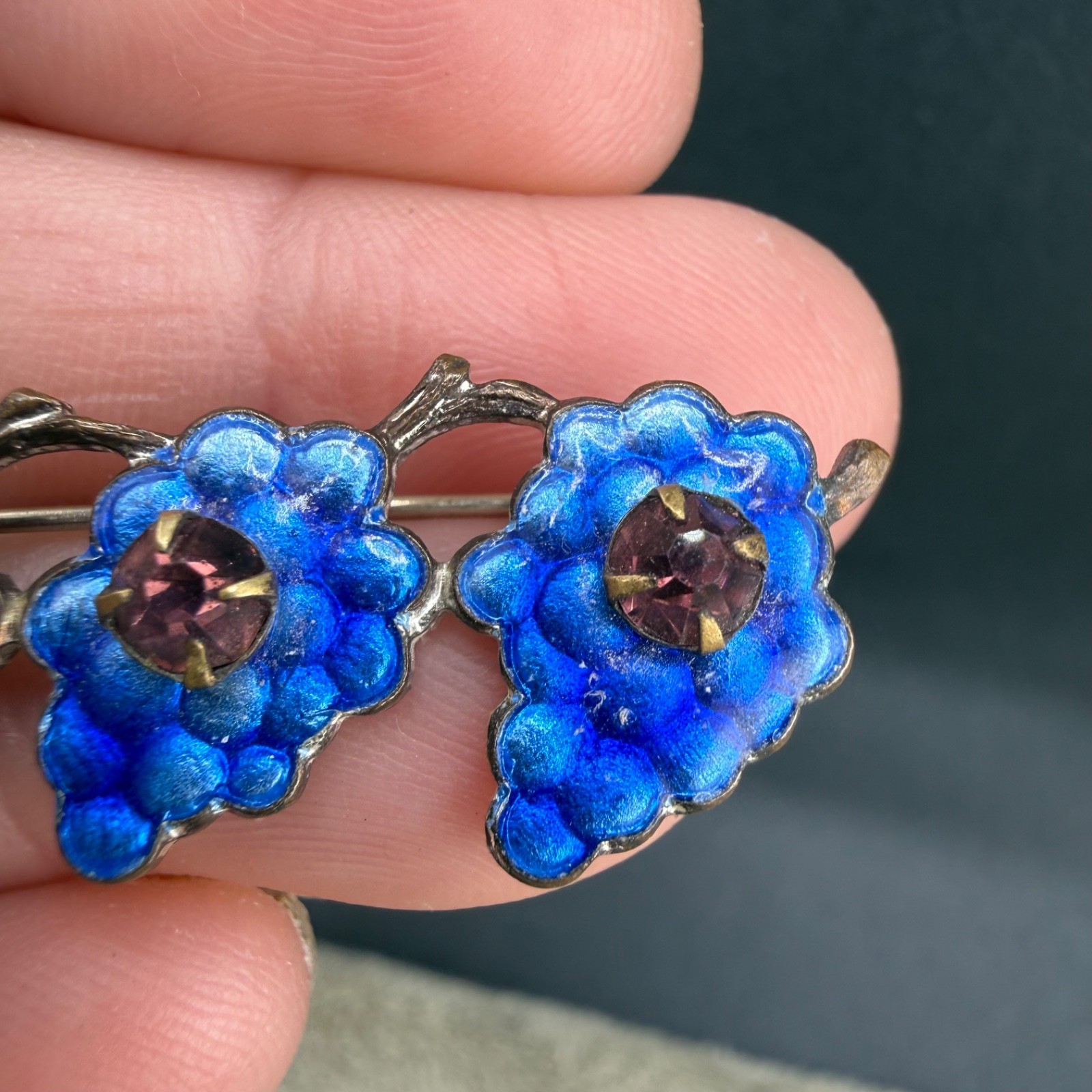 Vintage Enamel Rhinestone Brooch Silver Tone Grapes