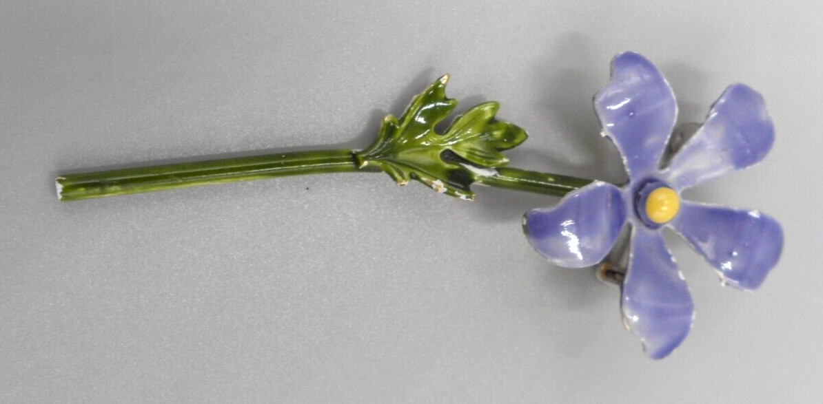 Vintage Flower Stem Brooch Periwinkle Vinca Blue Violet Purple Dimensional 3″