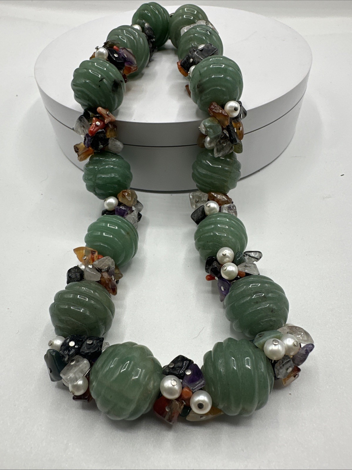 Unique Jadeite and Semiprecious Stones Vtg Necklace. Sterling Silver Closure.