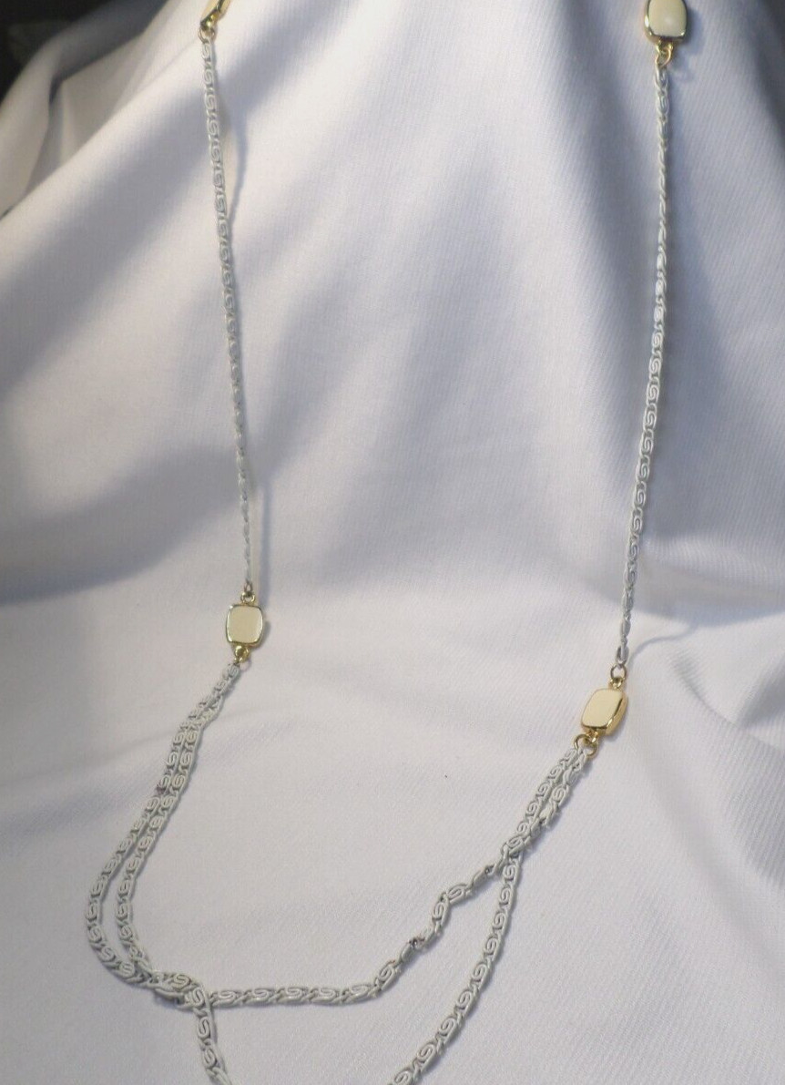 Vintage White Chain Ivory and Gold Enamel Disc Long Statement Station Necklace