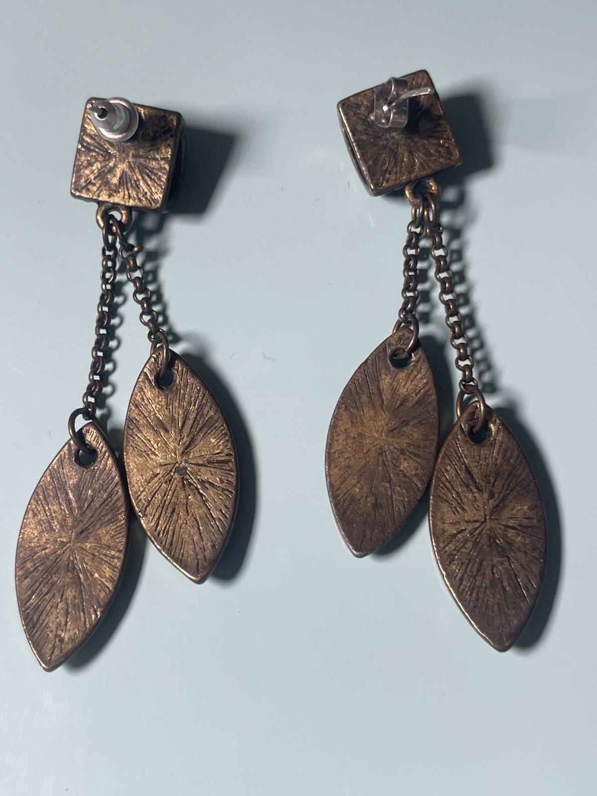 Vintage Copper Tone Dangle Earrings Glitter Enamel Leaf Drops Boho Tribal Style