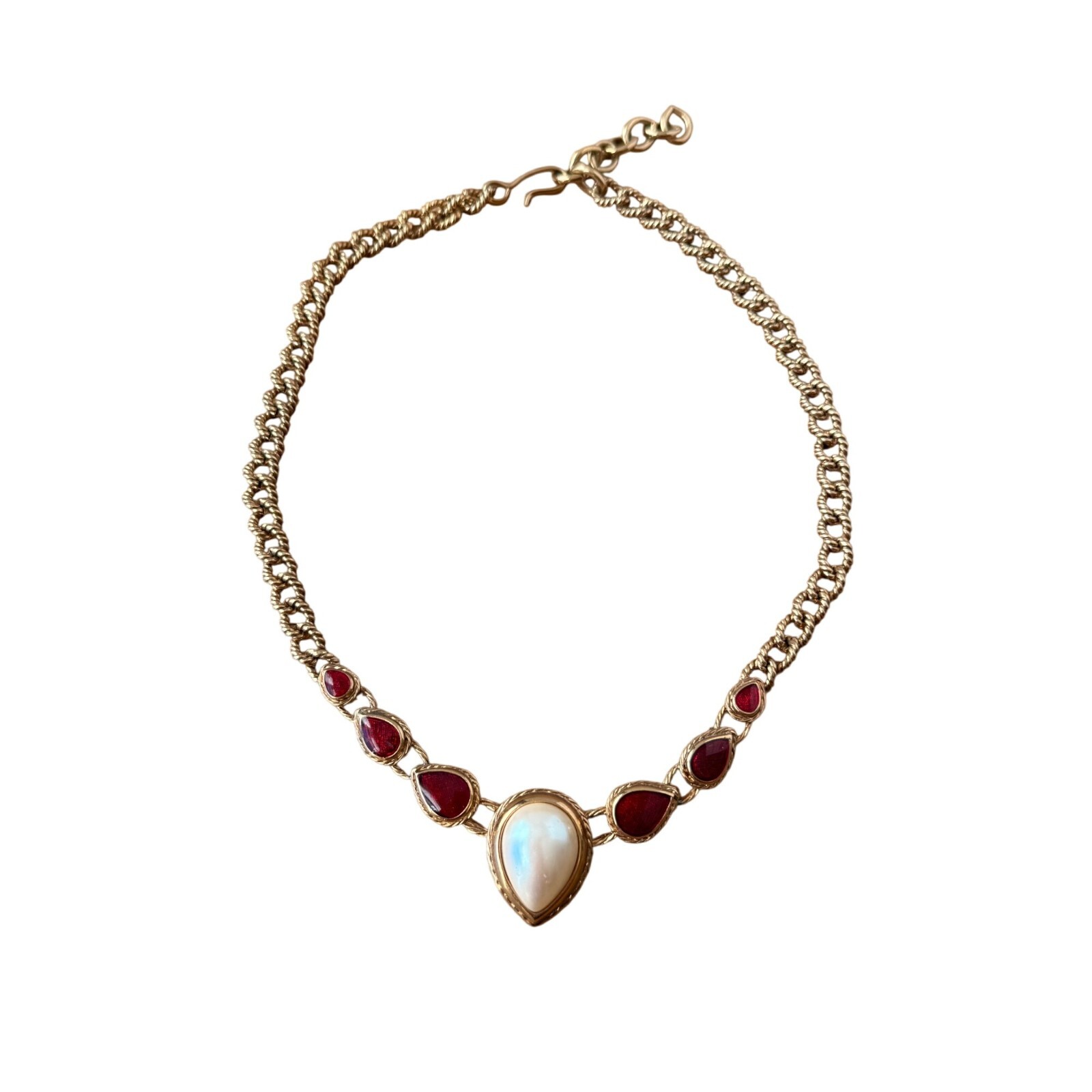 Vintage Monet Gold Tone Chain NecklaceTeardrop faux pearl and stones & Hook Clas
