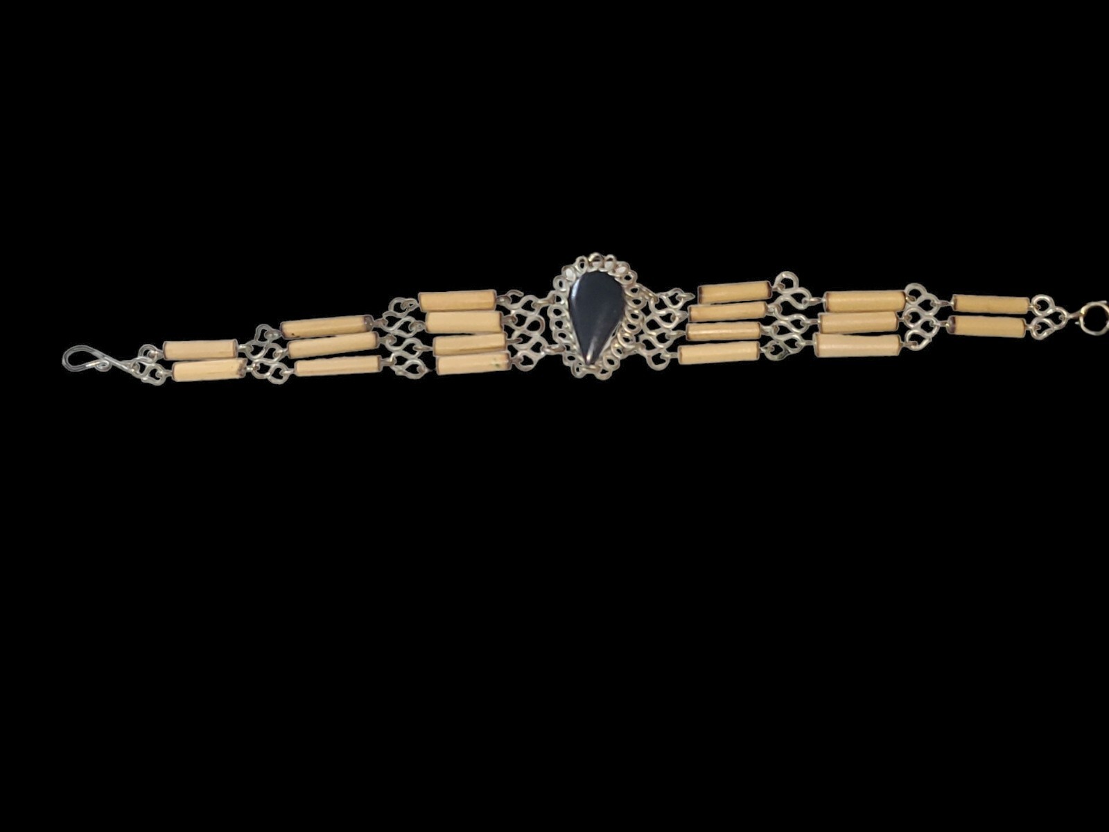 Vintage Small Bamboo Wood Artisan Bracelet Black stone 6.5″