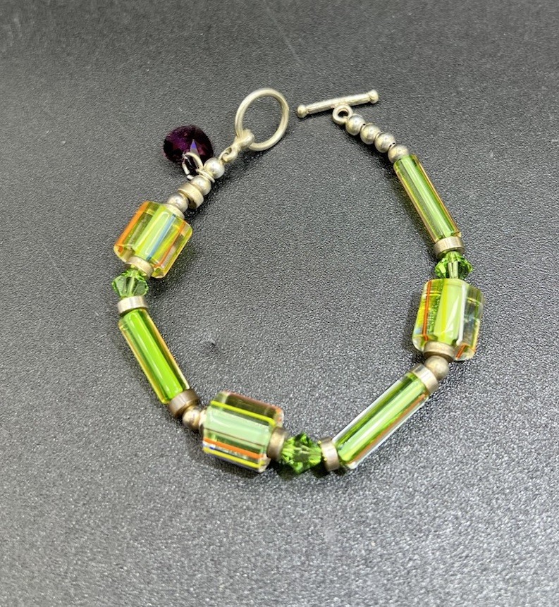 Sterling Silver, Blown Glass, Faceted Crystal Bracelet, 7”