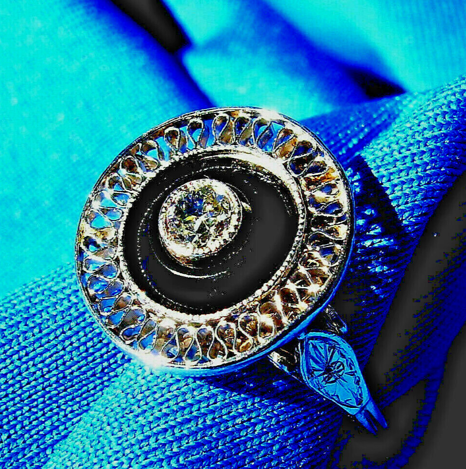 Original EARTH MINED DIAMOND Onyx Deco Engagement Ring Antique PLATINUM Filigree
