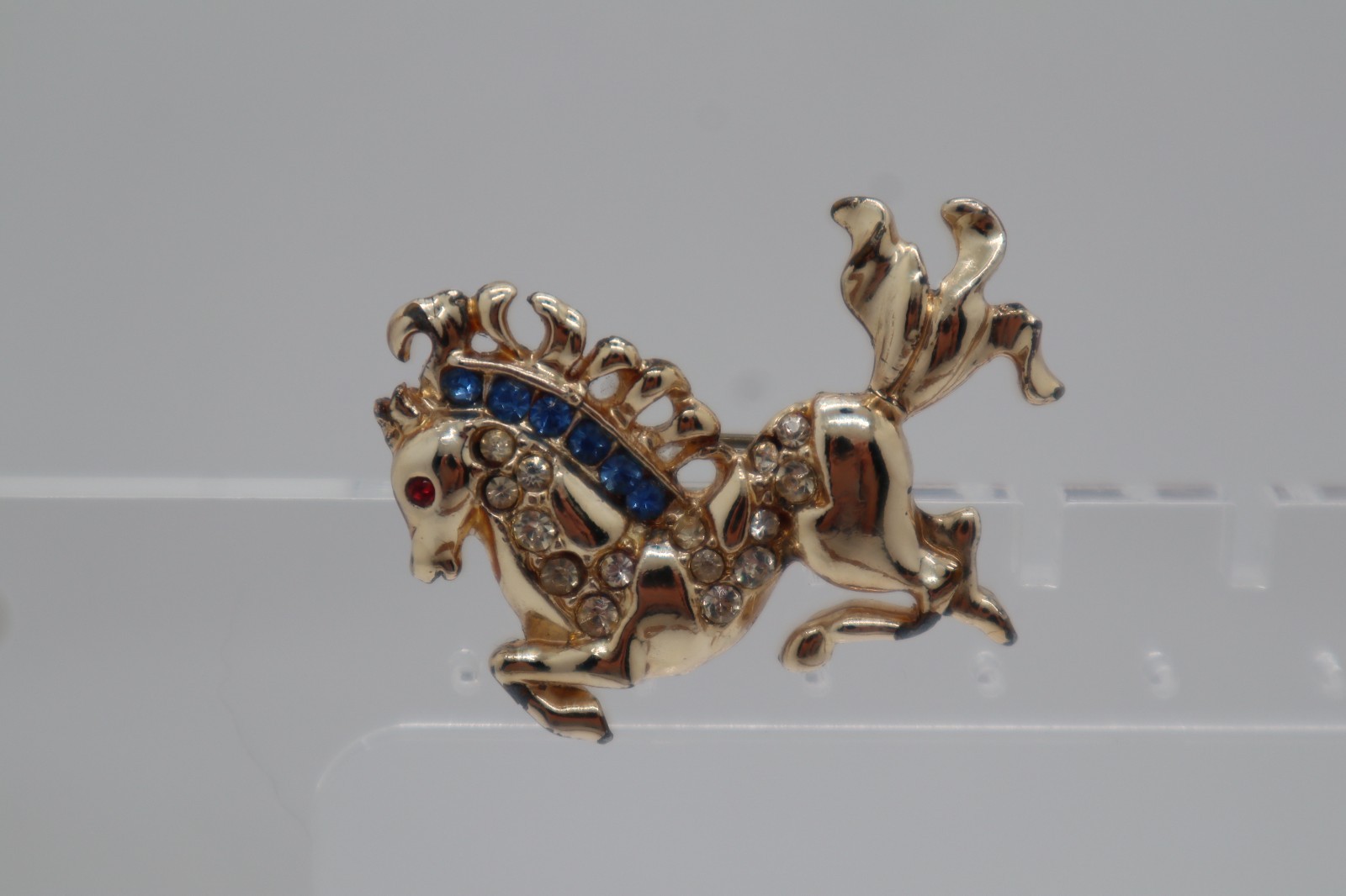 Vintage Figural Carousel HORSE Brooch Pin MCM Blue, Clear, Red Stones Gold tone