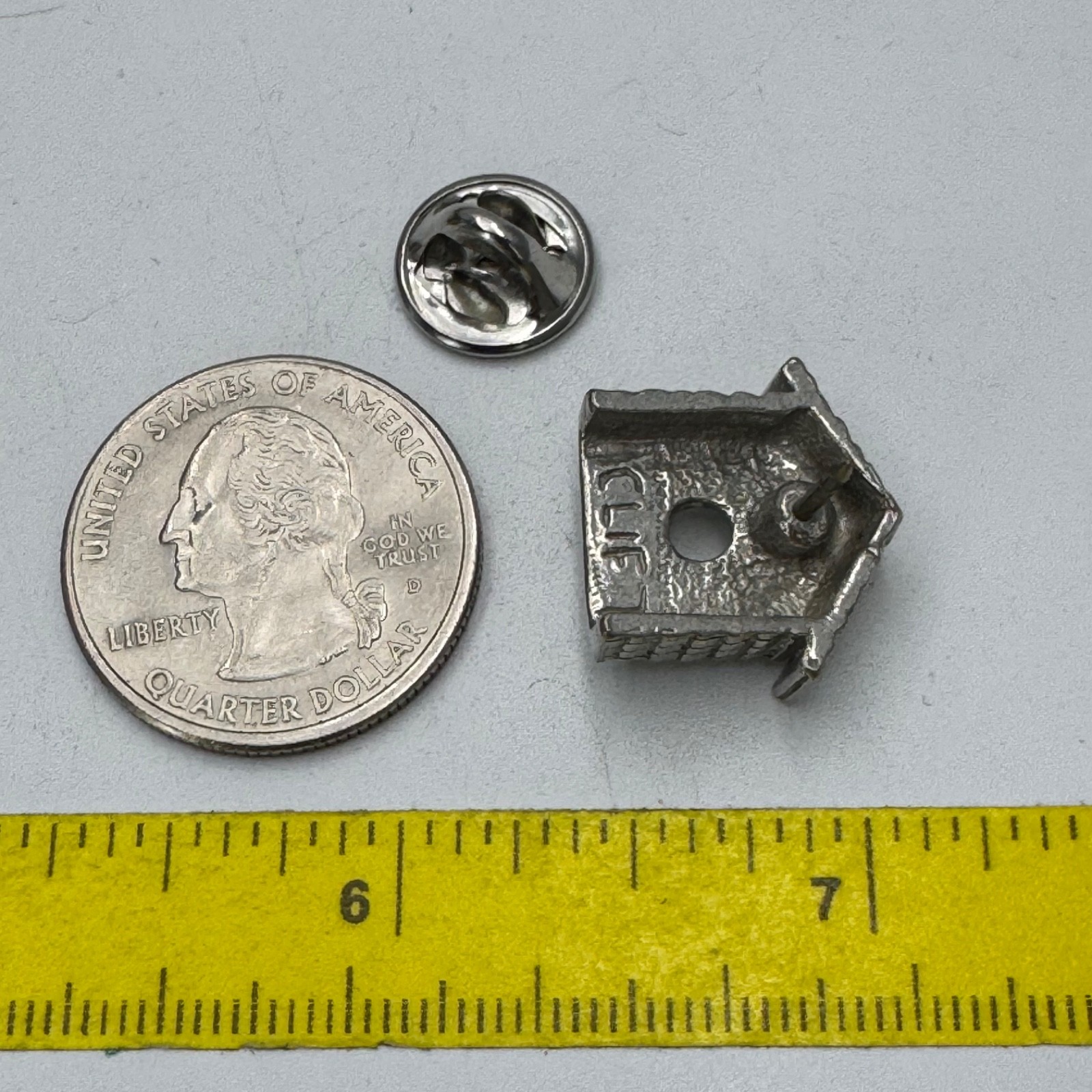 Vintage Clift Pewter Birdhouse Cottage Brick Texture Rustic Garden Lapel Pin
